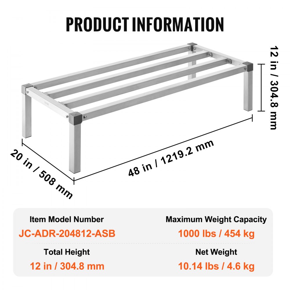 VEVOR Estante de Estiba de Aluminio 121,9x50,8x30,5 mm Estante de Almacenamiento Comercial Carga de 454 kg Fácil Montaje para Almacenamiento de Alimentos en Suelo, en Restaurantes, Cocinas, Garajes