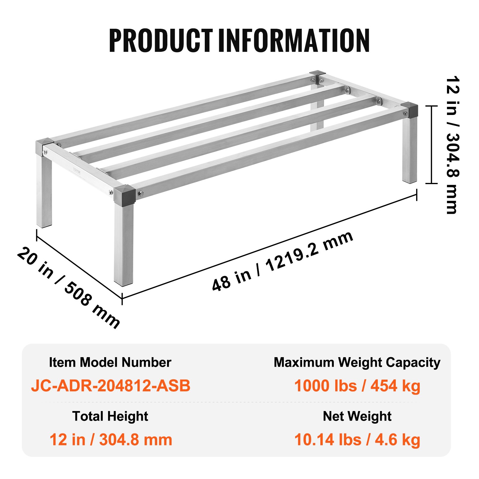 VEVOR Estante de Estiba de Aluminio 121,9x50,8x30,5 mm Estante de Almacenamiento Comercial Carga de 454 kg Fácil Montaje para Almacenamiento de Alimentos en Suelo, en Restaurantes, Cocinas, Garajes