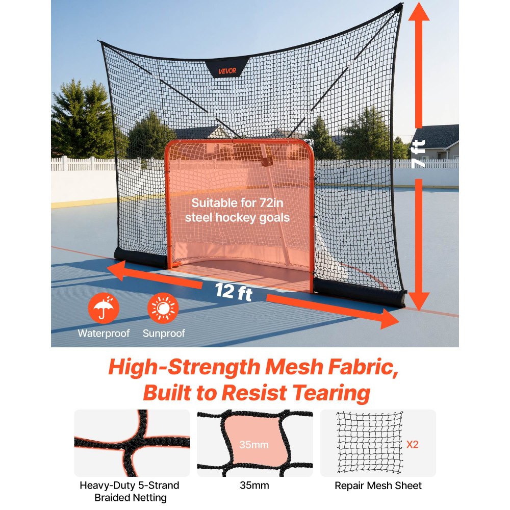 VEVOR Red de Hockey con Cobertura Extendida 366 x 213,4 cm (SOLO LA RED), Duradera, Equipo de Entrenamiento Ligero y Portátil, Varillas de Soporte de Fibra de Vidrio, Para Jóvenes, Adultos, Jardín