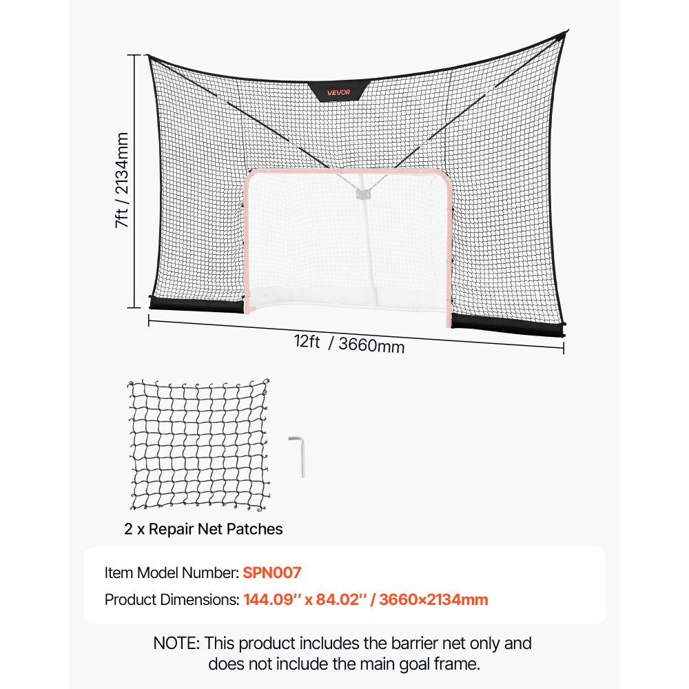 VEVOR Red de Hockey con Cobertura Extendida 366 x 213,4 cm (SOLO LA RED), Duradera, Equipo de Entrenamiento Ligero y Portátil, Varillas de Soporte de Fibra de Vidrio, Para Jóvenes, Adultos, Jardín