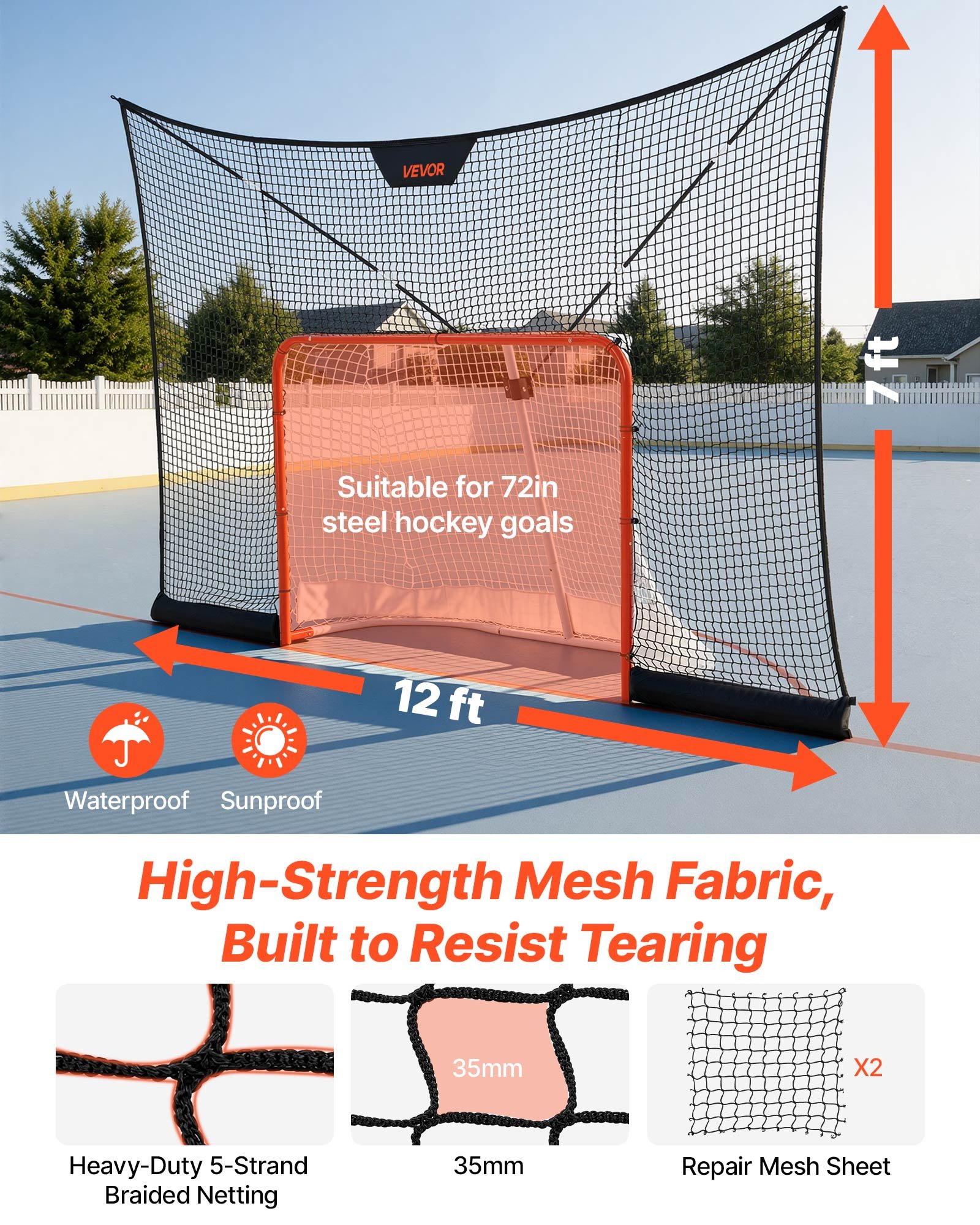 VEVOR Red de Hockey con Cobertura Extendida 366 x 213,4 cm (SOLO LA RED), Duradera, Equipo de Entrenamiento Ligero y Portátil, Varillas de Soporte de Fibra de Vidrio, Para Jóvenes, Adultos, Jardín