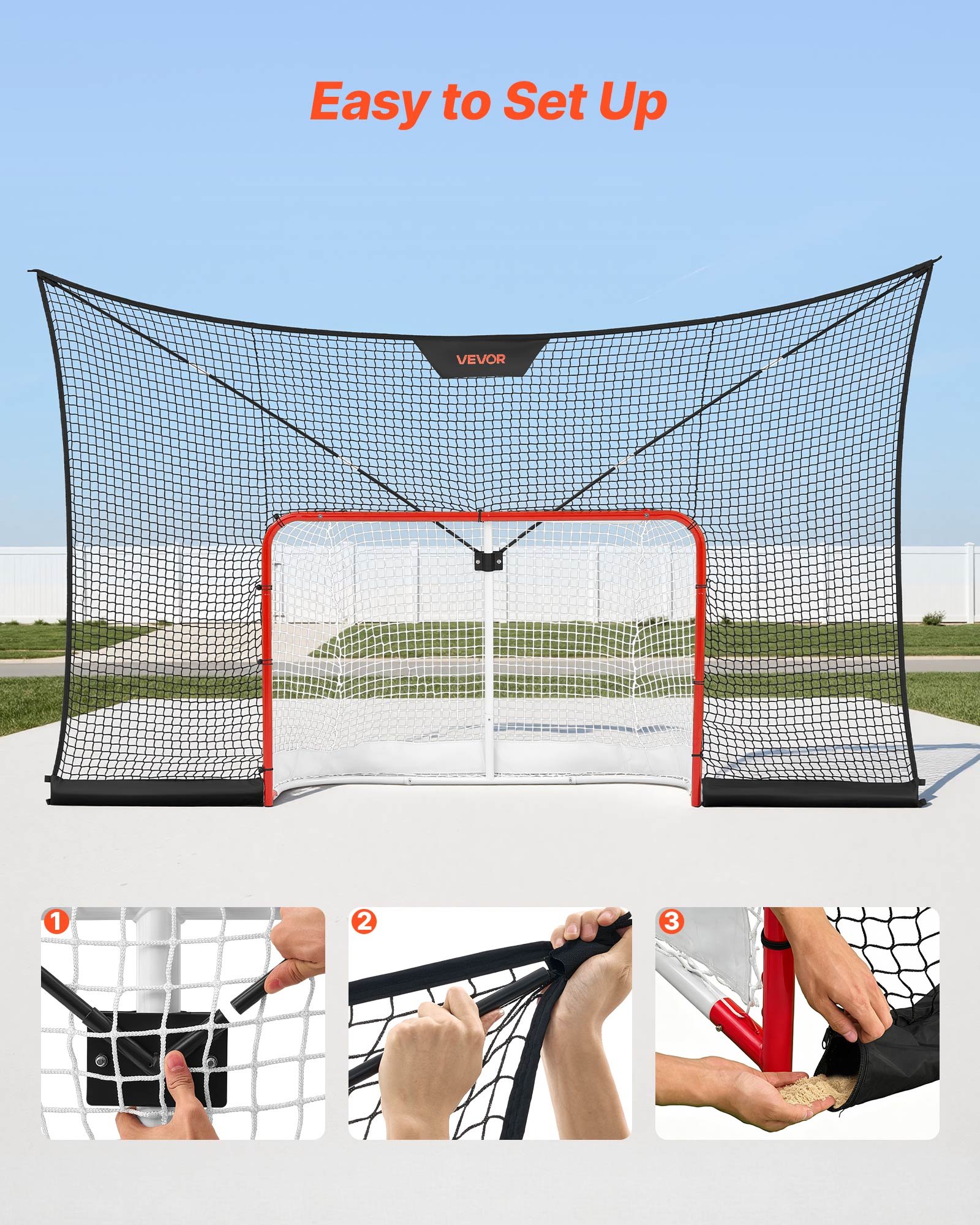 VEVOR Red de Hockey con Cobertura Extendida 366 x 213,4 cm (SOLO LA RED), Duradera, Equipo de Entrenamiento Ligero y Portátil, Varillas de Soporte de Fibra de Vidrio, Para Jóvenes, Adultos, Jardín