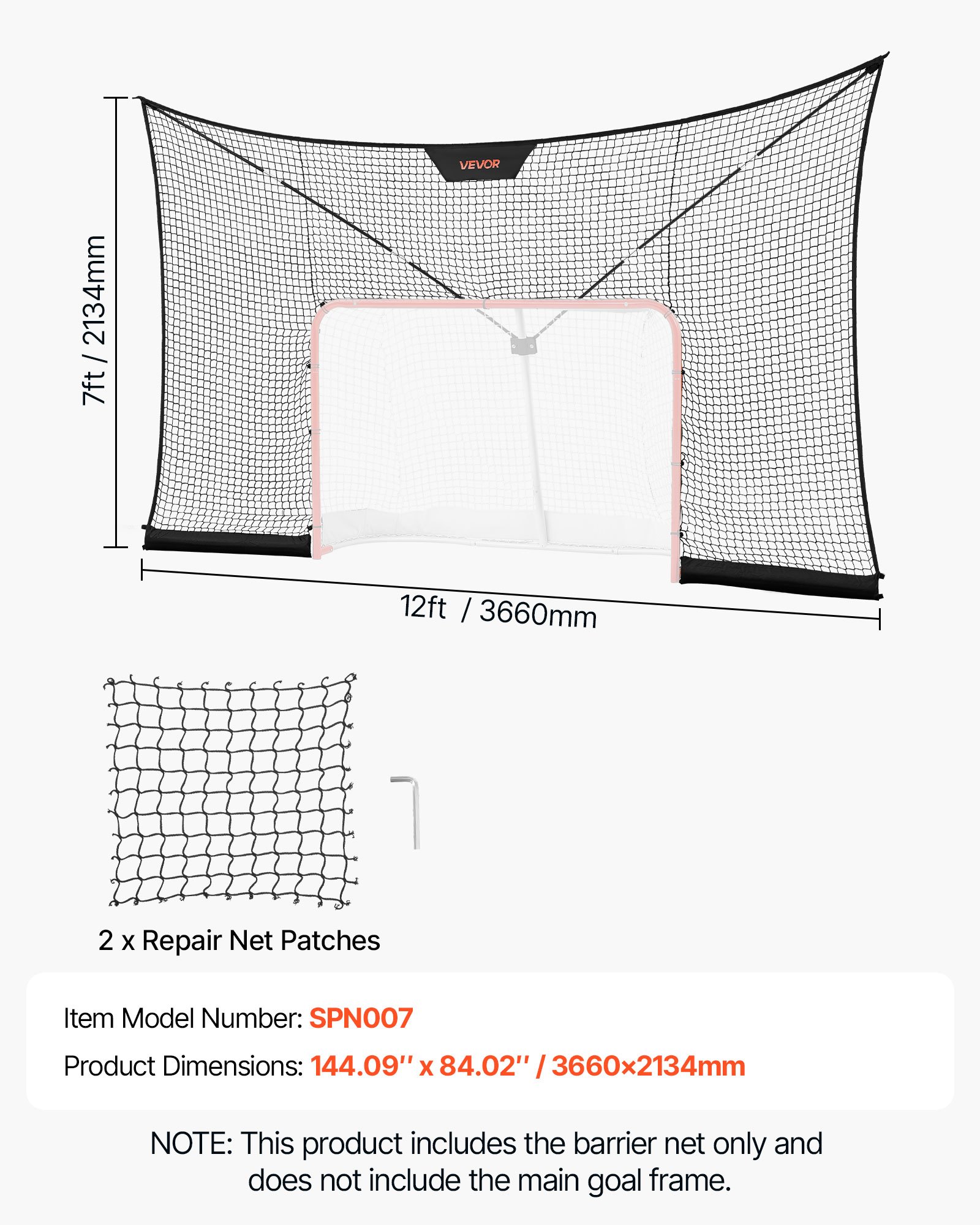 VEVOR Red de Hockey con Cobertura Extendida 366 x 213,4 cm (SOLO LA RED), Duradera, Equipo de Entrenamiento Ligero y Portátil, Varillas de Soporte de Fibra de Vidrio, Para Jóvenes, Adultos, Jardín