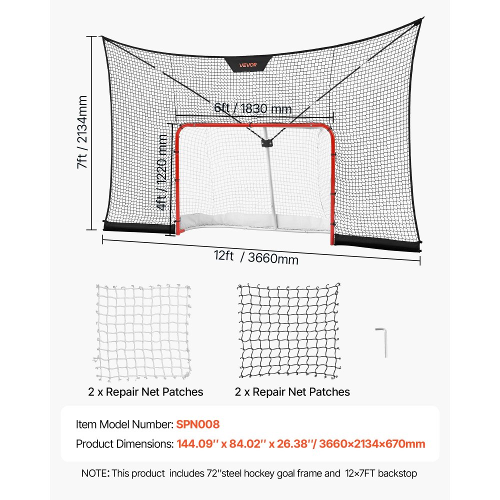 VEVOR Juego de Portería de Hockey con Red de Protección y Cobertura Extendida, 366 x 213,4 x 67 cm, Ligero y Portátil, Juego Completo de Accesorios de Entrenamiento, Para Jóvenes, Adultos, Jardín