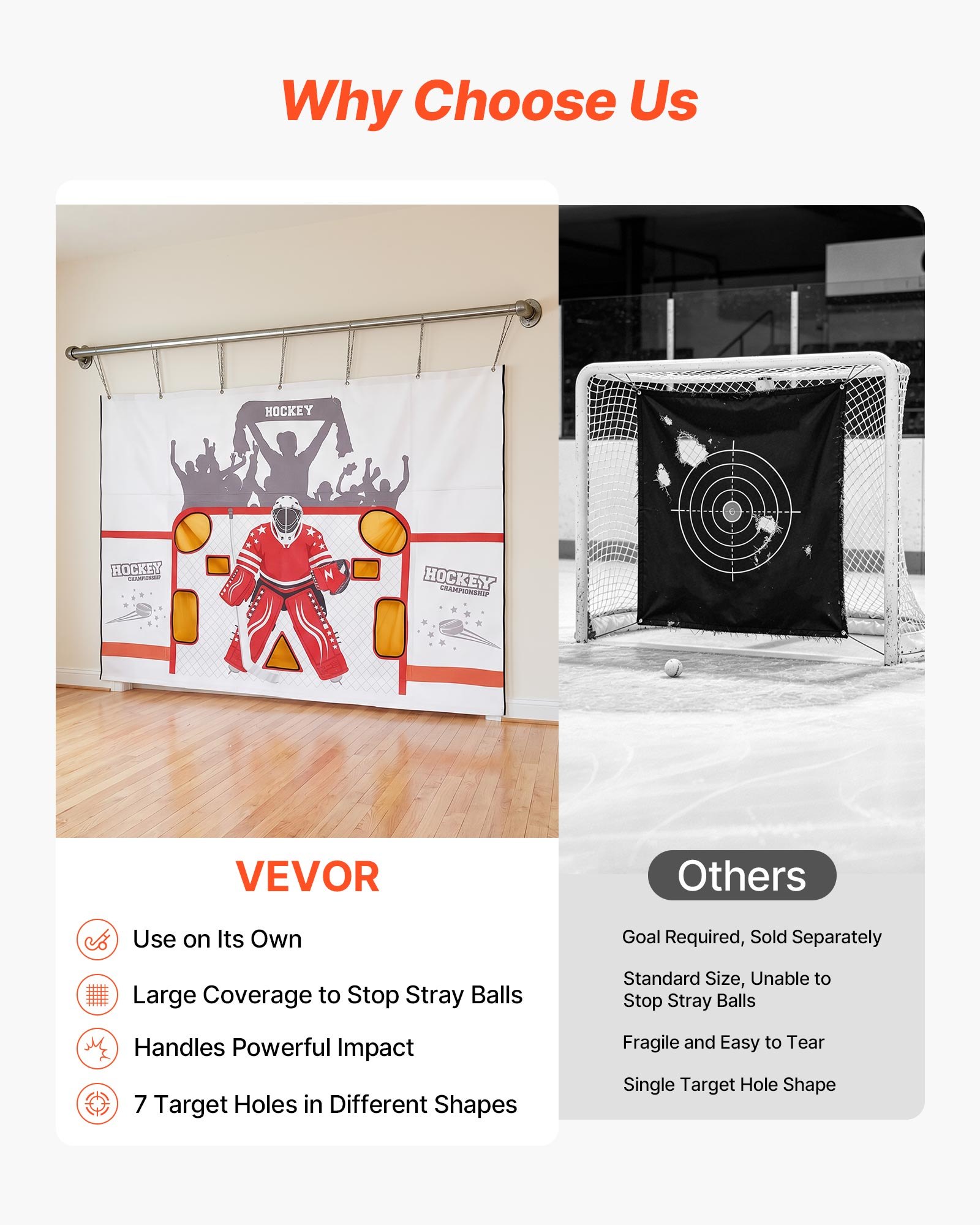 VEVOR Diana de Práctica para Portería de Hockey Callejero con 7 Agujeros, Portátil, 305 x 213 cm, Resistente a Desgarros, Colocación Fácil, Rebote Potente, Para Practicar la Precisión de Tiro