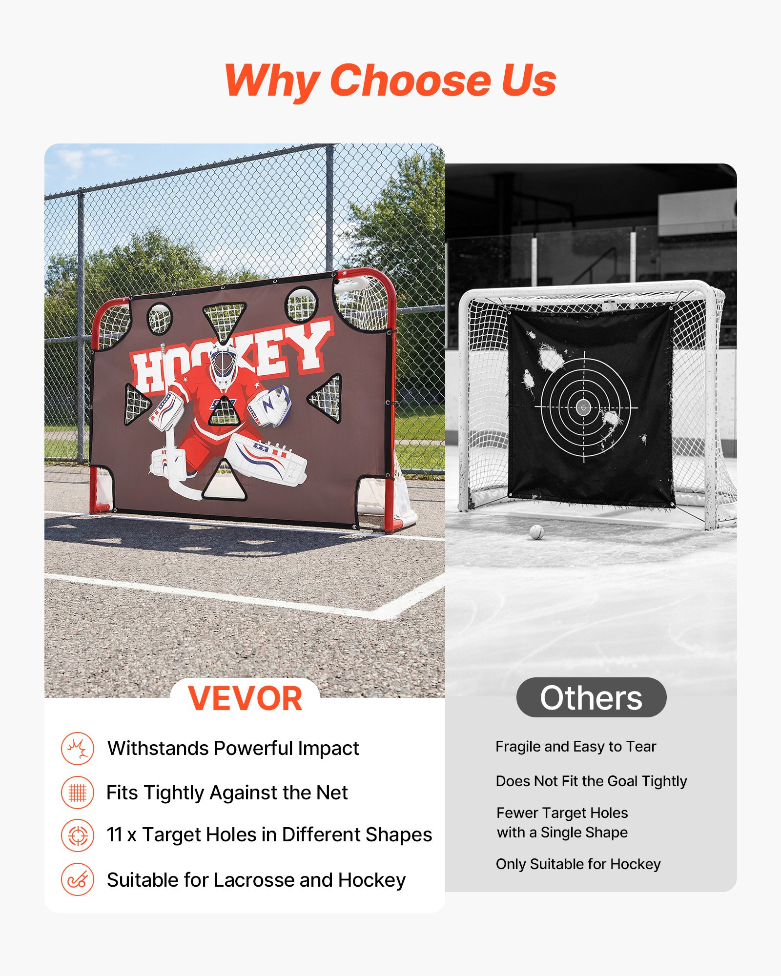 VEVOR Diana de Práctica para Portería de Hockey Callejero con 11 Agujeros, Portátil, 182,9 x 121,9 cm, Resistente a Desgarros, Colocación Fácil, Rebote Potente, Para Practicar la Precisión de Tiro