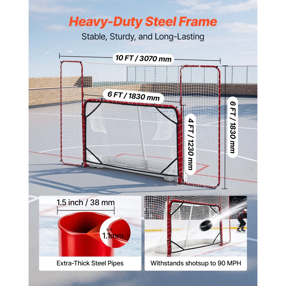 VEVOR Juego de Portería de Hockey Callejero Red de Protección y Objetivos, 307 x 183 cm, Portátil y Ligera, Marco Reforzado, Para Entrenamiento y Partidos Diarios, Duradera para Interior y Exterior