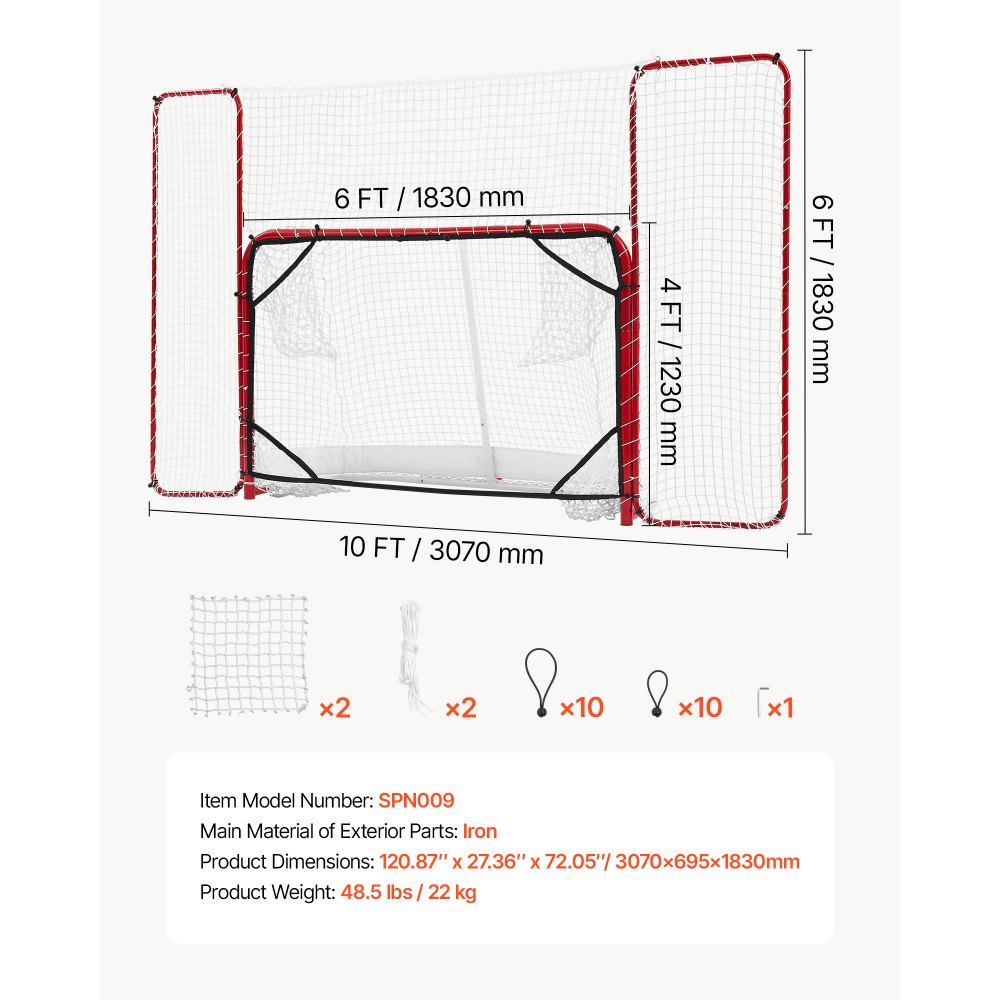 VEVOR Juego de Portería de Hockey Callejero Red de Protección y Objetivos, 307 x 183 cm, Portátil y Ligera, Marco Reforzado, Para Entrenamiento y Partidos Diarios, Duradera para Interior y Exterior