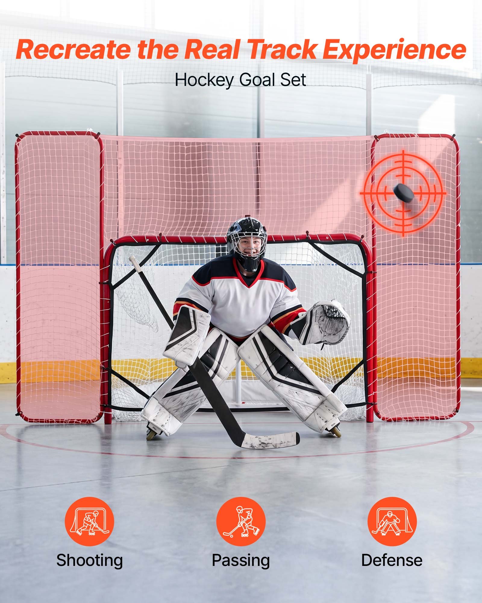 VEVOR Juego de Portería de Hockey Callejero Red de Protección y Objetivos, 307 x 183 cm, Portátil y Ligera, Marco Reforzado, Para Entrenamiento y Partidos Diarios, Duradera para Interior y Exterior