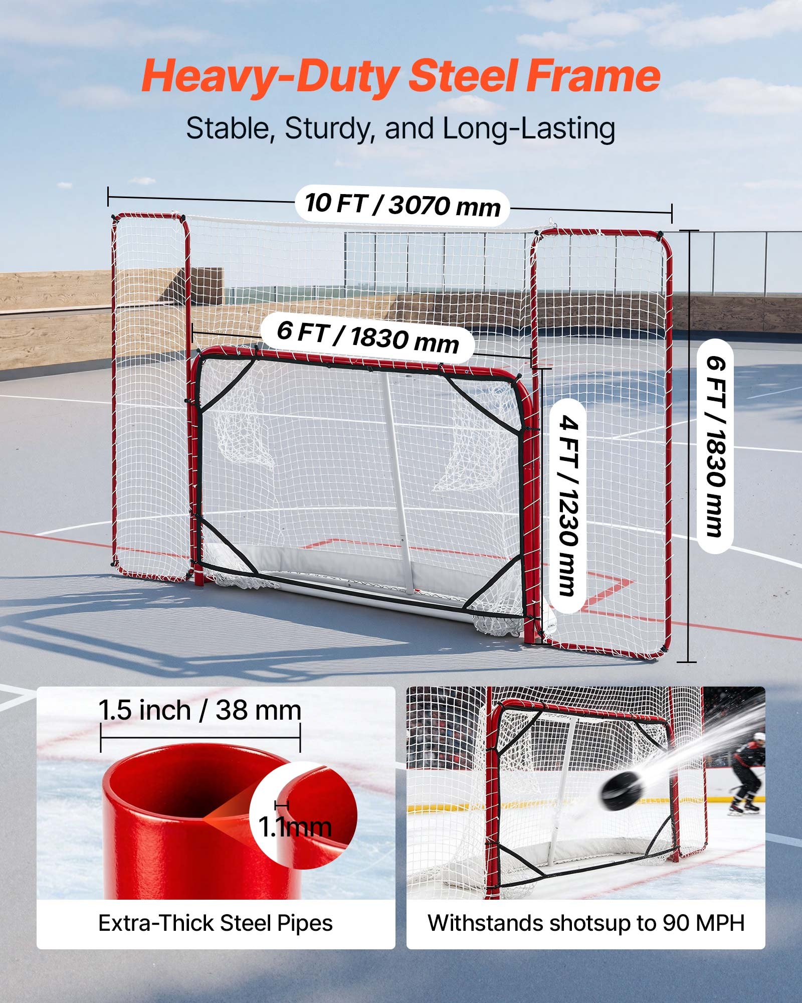 VEVOR Juego de Portería de Hockey Callejero Red de Protección y Objetivos, 307 x 183 cm, Portátil y Ligera, Marco Reforzado, Para Entrenamiento y Partidos Diarios, Duradera para Interior y Exterior