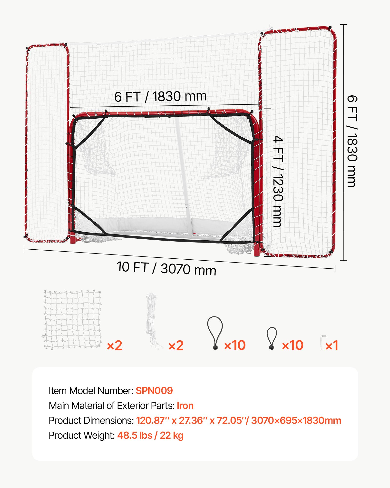 VEVOR Juego de Portería de Hockey Callejero Red de Protección y Objetivos, 307 x 183 cm, Portátil y Ligera, Marco Reforzado, Para Entrenamiento y Partidos Diarios, Duradera para Interior y Exterior