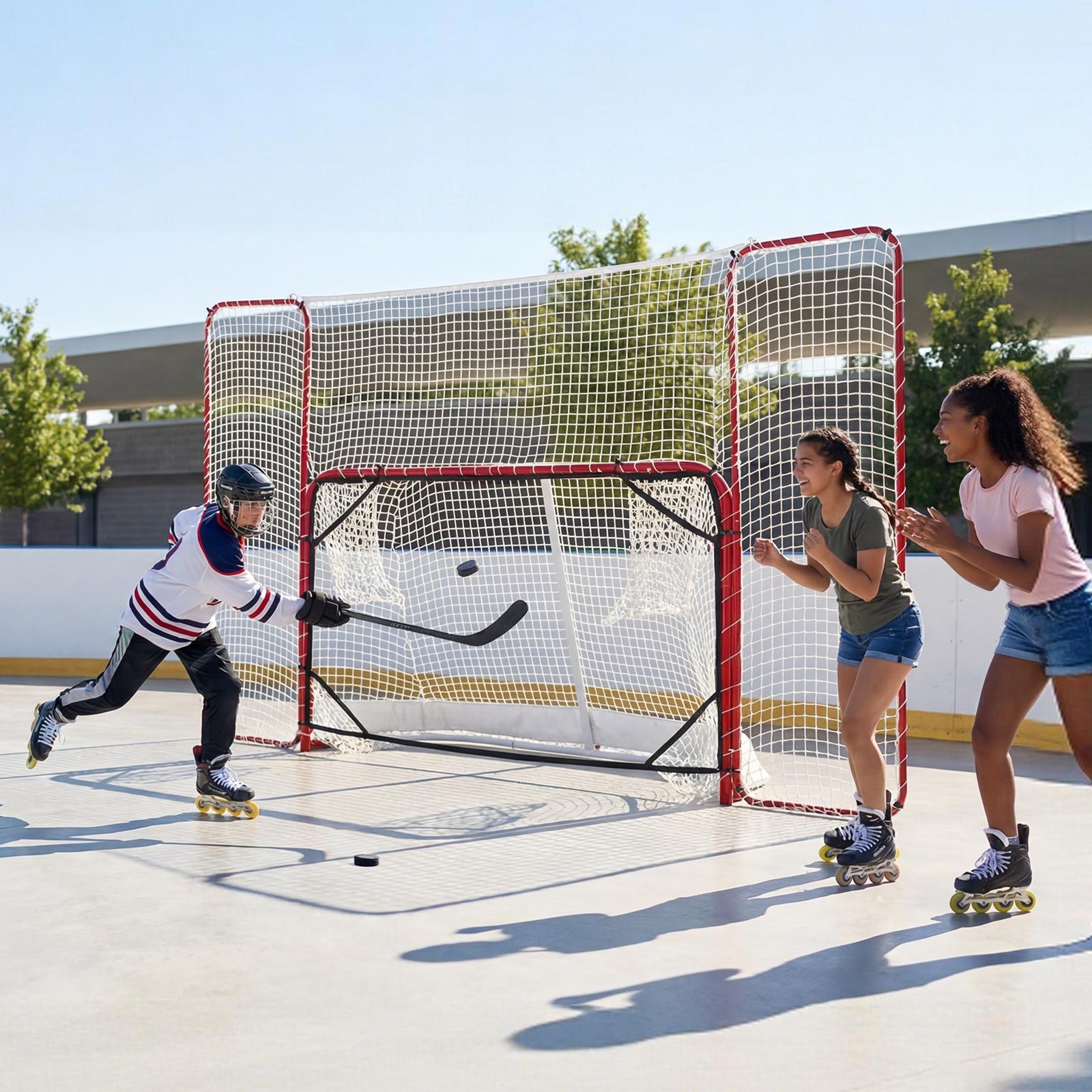 VEVOR Juego de Portería de Hockey Callejero Red de Protección y Objetivos, 307 x 183 cm, Portátil y Ligera, Marco Reforzado, Para Entrenamiento y Partidos Diarios, Duradera para Interior y Exterior