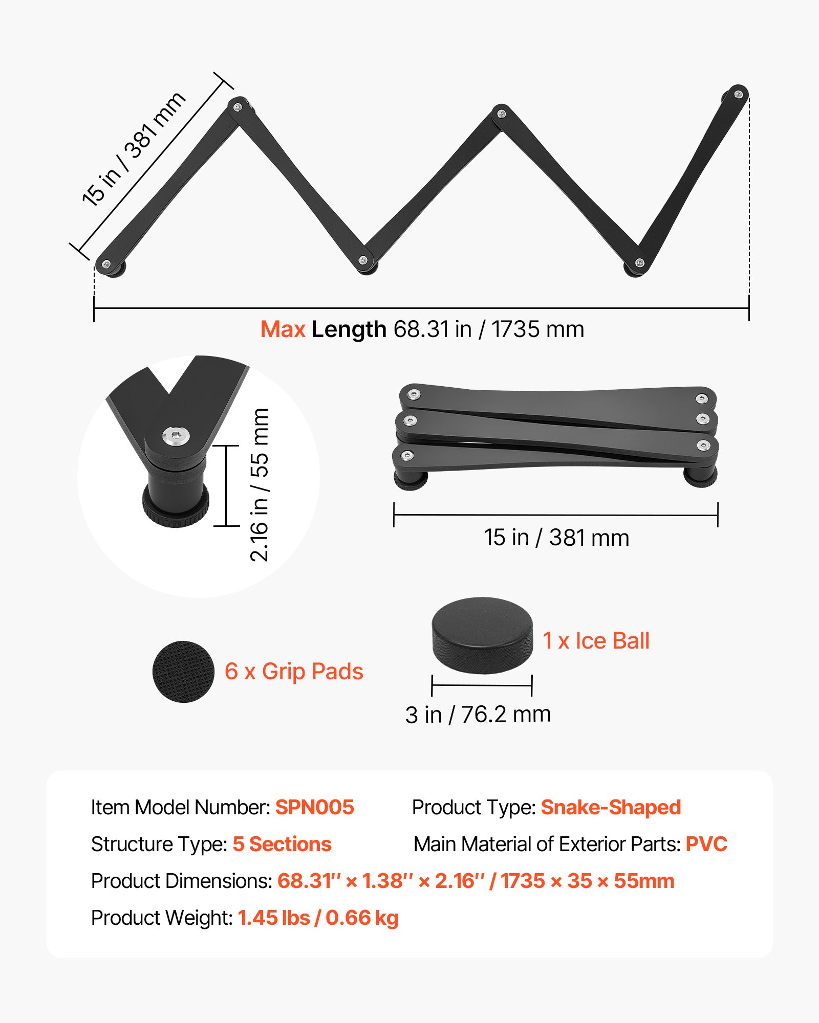 VEVOR Entrenador de Manejo de Palos de Hockey de 5 Secciones Portátil, Cada Sección de 381 mm, Para Dentro y Fuera del Hielo, Para Mejorar el Control del Disco y la Coordinación Mano-ojo, Negro