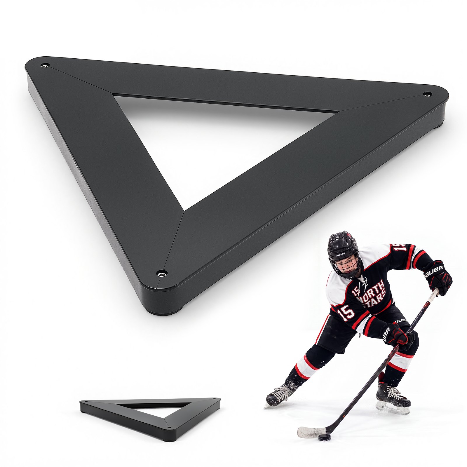 VEVOR Entrenador de Hockey Triangular de Metal Equipo Portátil 64,3 cm, Reboteador Multiángulo de Alta Resistencia, Para Dentro y Fuera del Hielo, Para Mejorar Control del Disco y el Tiro, Negro