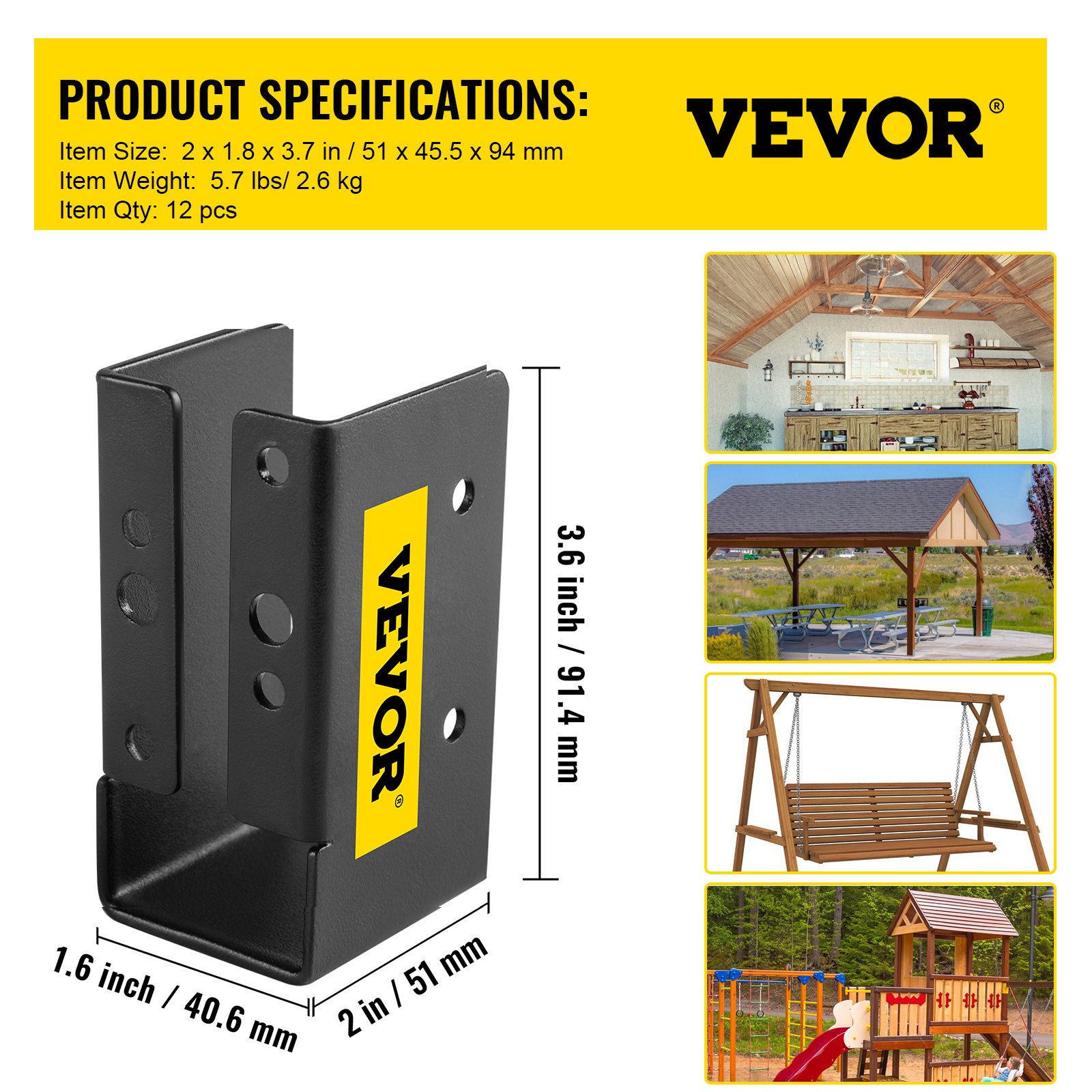 VEVOR Soportes de Viga Ocultos 12 Piezas, Diámetro Interior 40,6 x 91,4 mm para Vigas Basculantes 38,1 x 88,9 mm Exteriores, Placa de Acero con Recubrimiento en Polvo, Soporte para Viga de Madera