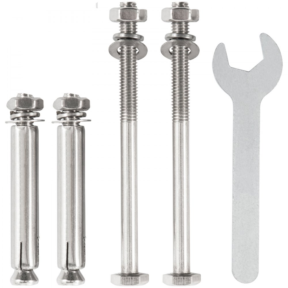 Kit de base de poste separador VEVOR con pernos, tuercas, arandelas y llave en tono plateado.