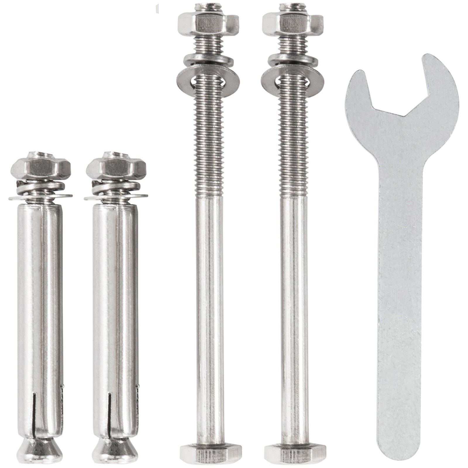 Kit de base de poste separador VEVOR con pernos, tuercas, arandelas y llave en tono plateado.