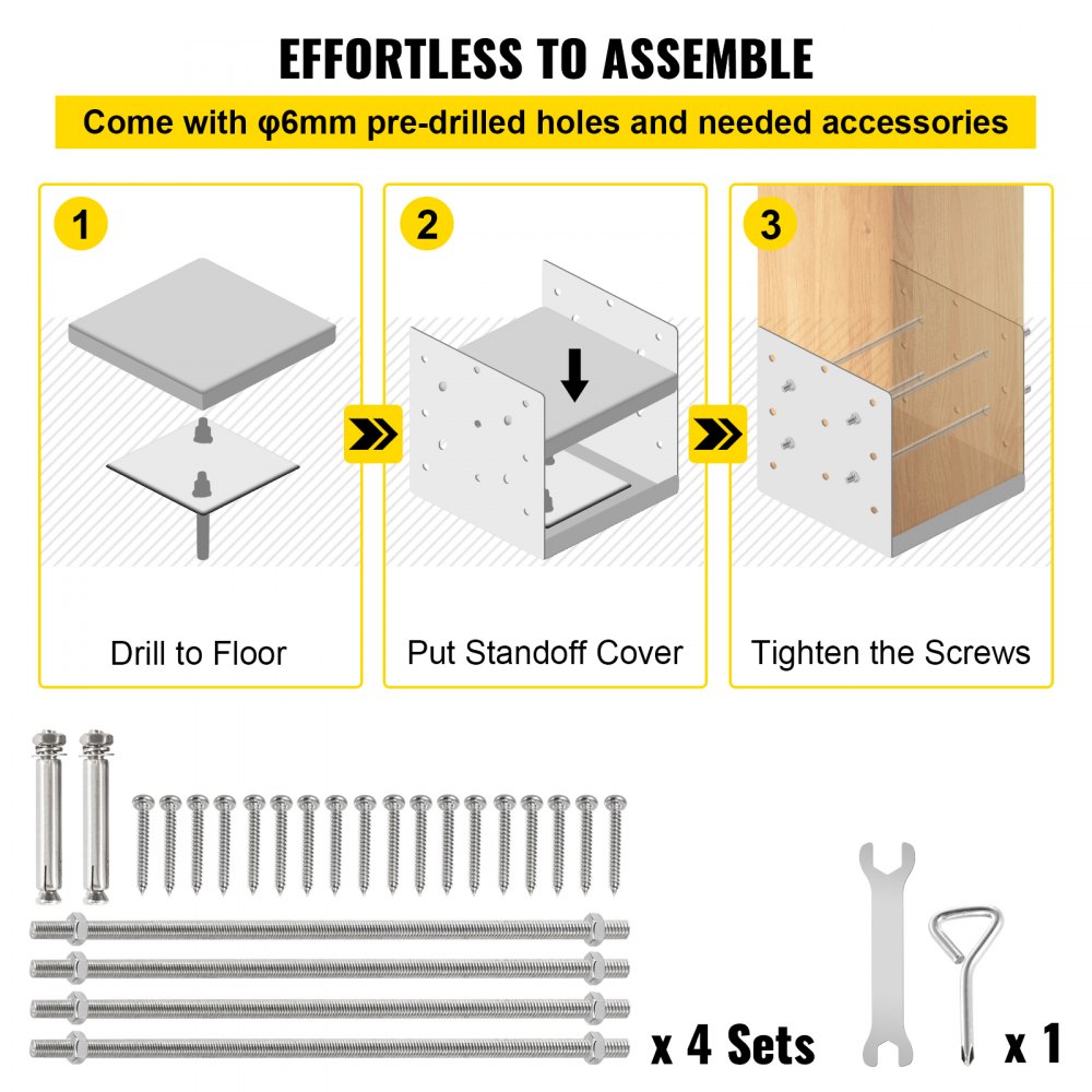 VEVOR Base para Poste 4 Piezas Soporte de Poste Cuadrado 19 x 19,8 x 18 cm Base Atornillar para Poste 8" x 8" Espesor 2 mm Anclaje Metálico para Poste de Valla Anclaje Poste Madera Acero Inoxidable