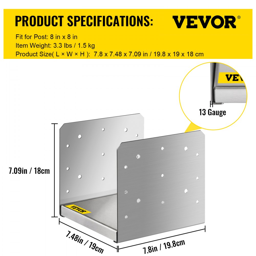 VEVOR Base para Poste 4 Piezas Soporte de Poste Cuadrado 19 x 19,8 x 18 cm Base Atornillar para Poste 8" x 8" Espesor 2 mm Anclaje Metálico para Poste de Valla Anclaje Poste Madera Acero Inoxidable