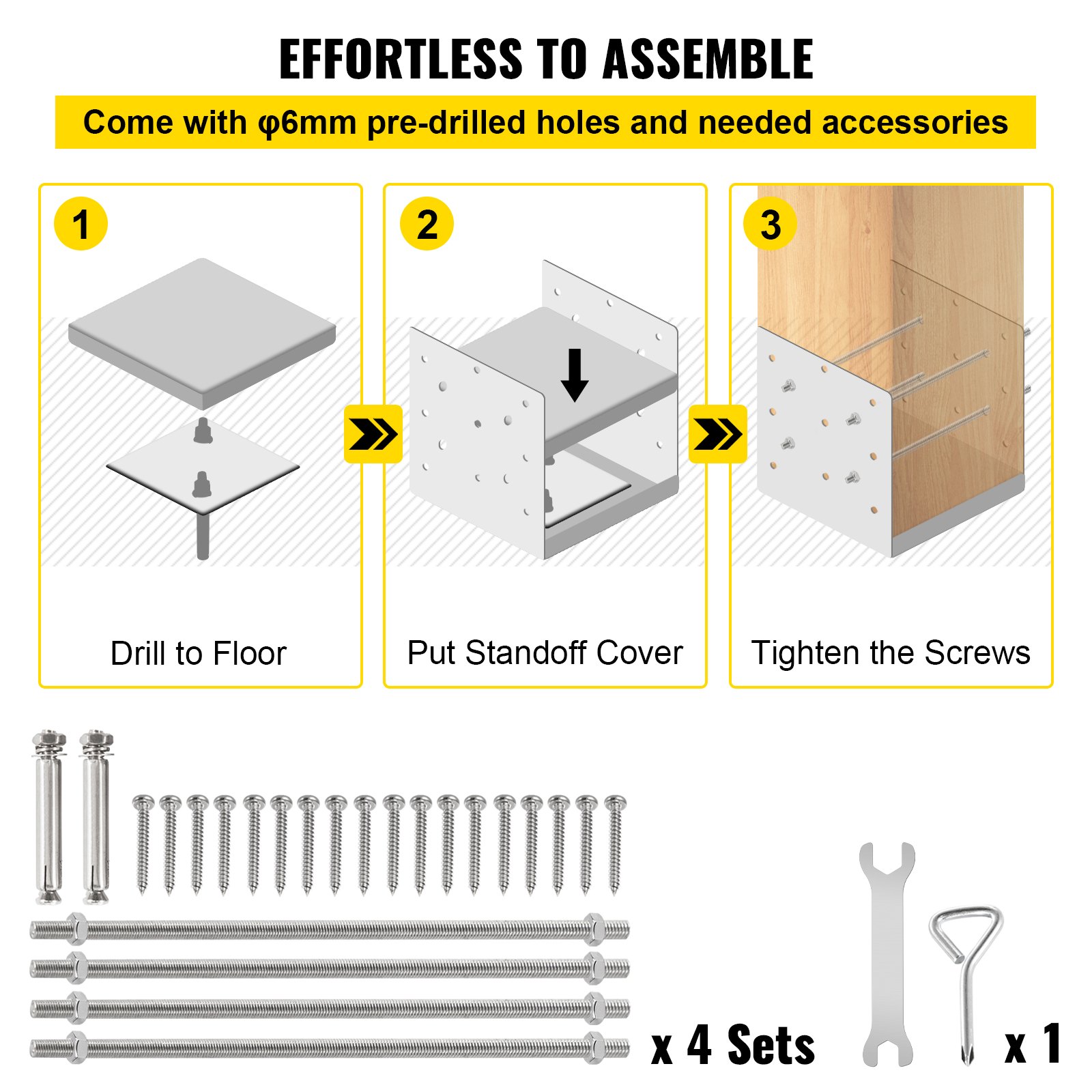 VEVOR Base para Poste 4 Piezas Soporte de Poste Cuadrado 19 x 19,8 x 18 cm Base Atornillar para Poste 8" x 8" Espesor 2 mm Anclaje Metálico para Poste de Valla Anclaje Poste Madera Acero Inoxidable