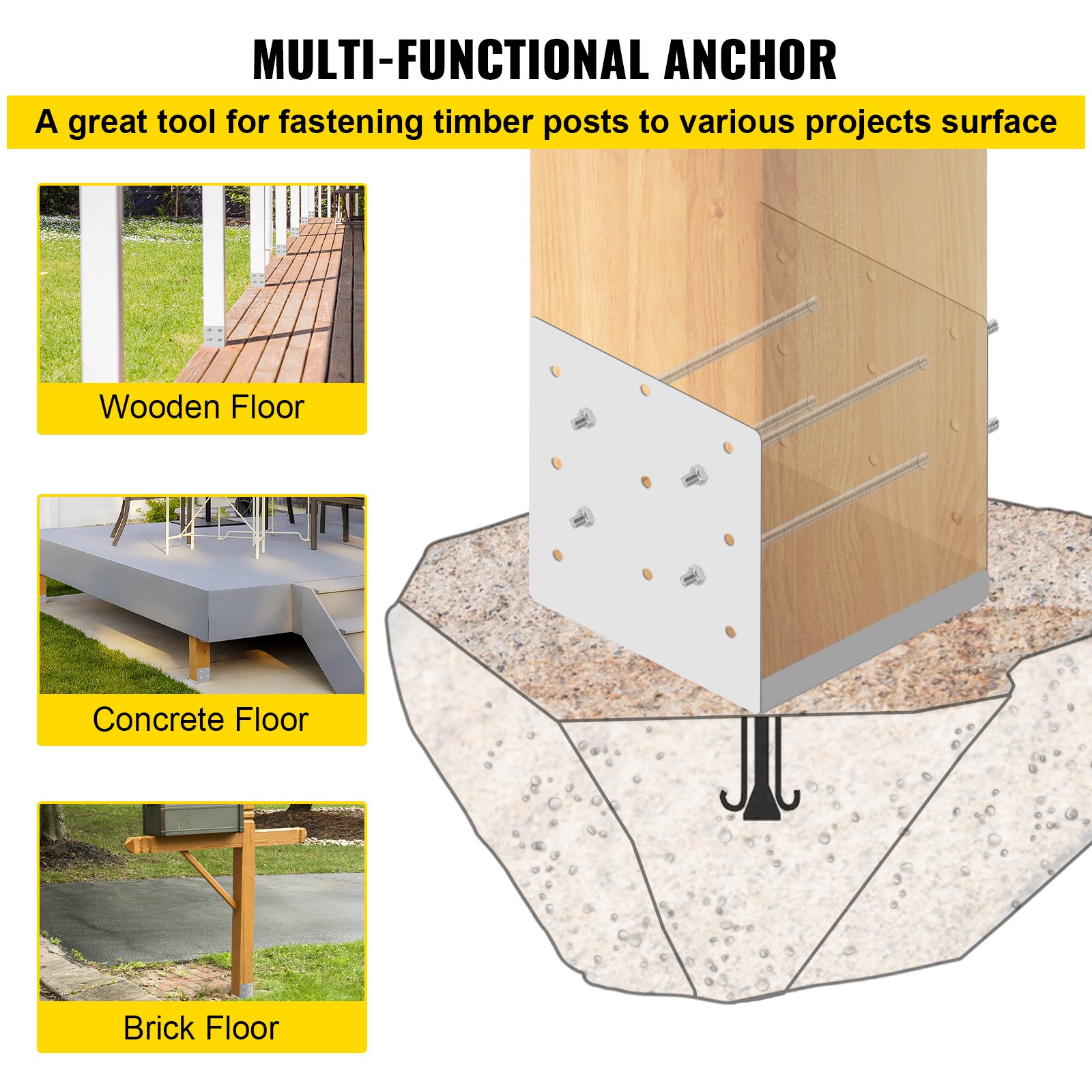 VEVOR Base para Poste 4 Piezas Soporte de Poste Cuadrado 19 x 19,8 x 18 cm Base Atornillar para Poste 8" x 8" Espesor 2 mm Anclaje Metálico para Poste de Valla Anclaje Poste Madera Acero Inoxidable