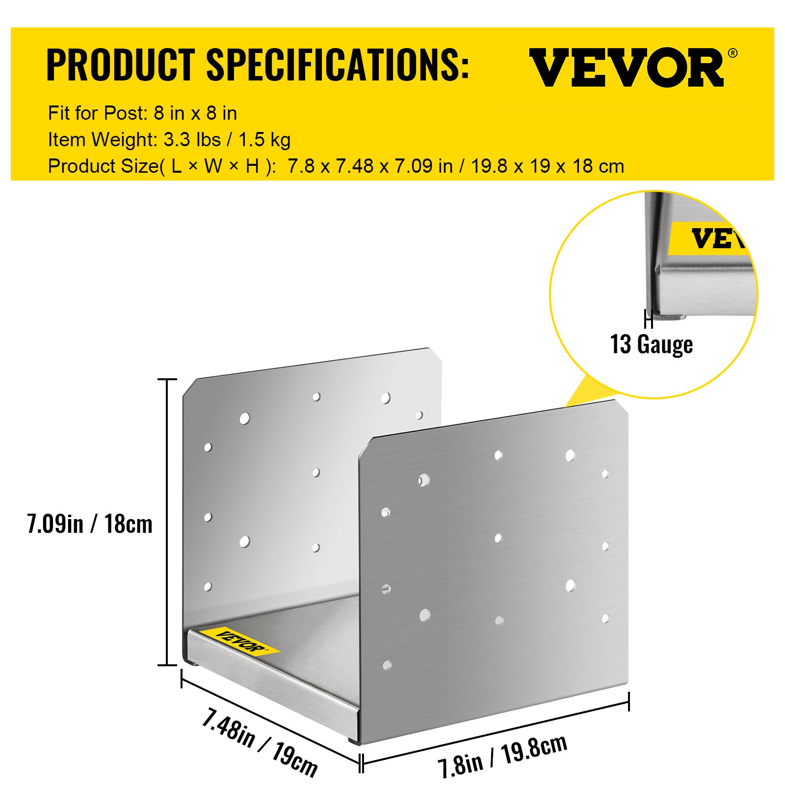 VEVOR Base para Poste 4 Piezas Soporte de Poste Cuadrado 19 x 19,8 x 18 cm Base Atornillar para Poste 8" x 8" Espesor 2 mm Anclaje Metálico para Poste de Valla Anclaje Poste Madera Acero Inoxidable