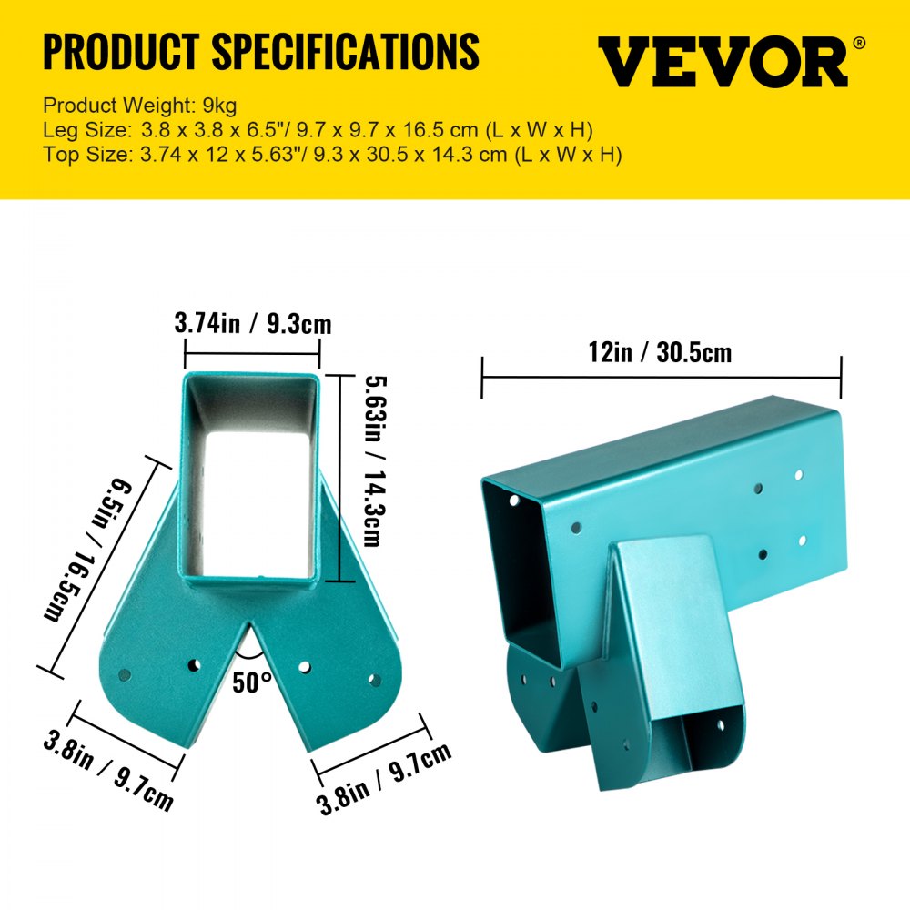VEVOR Soporte para Columpio 12" Conector de Extremo para Bricolaje en Forma A Juego de Soporte de Columpio Hierro con Recubrimiento en Polvo Conector para Madera 4x4" Pilares y 4x6" Viga Jardín Verde