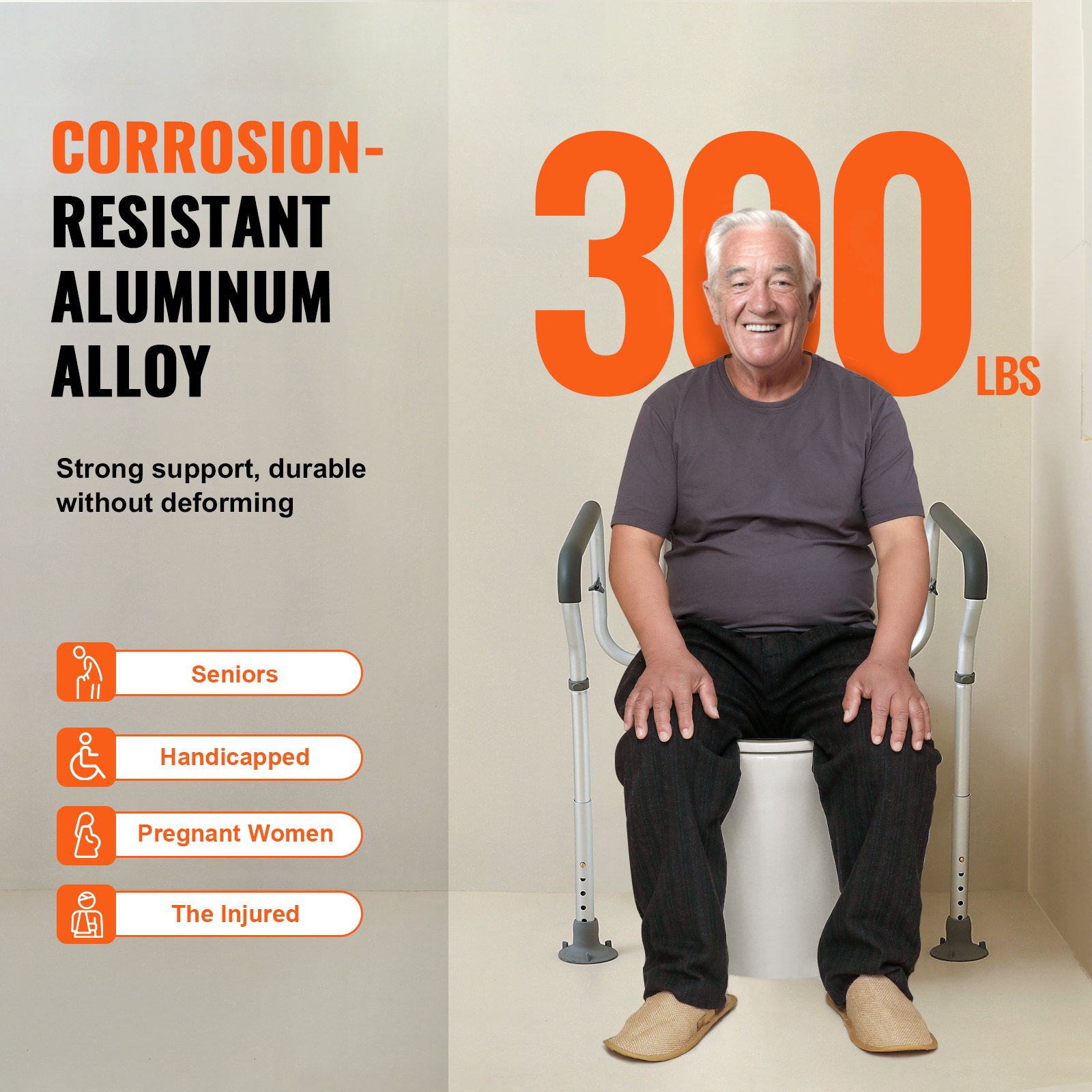 VEVOR Marco de Inodoro Barra de Agarre para Inodoro Ancho y Altura Ajustables con Reposabrazos de Aleación de Aluminio Carga 136 kg 2 Pies de Succión para Personas Mayores Embarazadas Discapacitadas