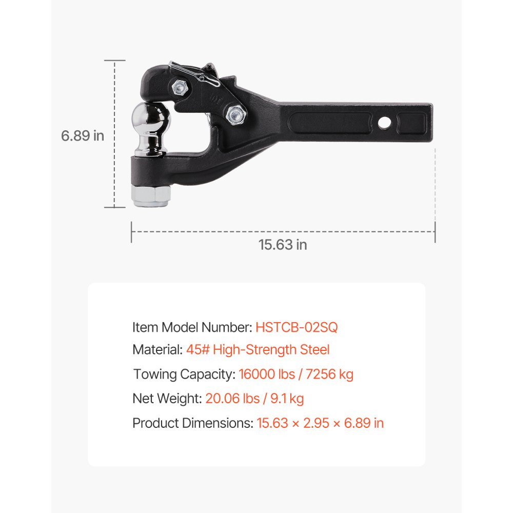 VEVOR Gancho de Remolque de 7256 kg, Gancho de Remolque de 2", Bola de Enganche Combinada de 2 pulgadas, se Adapta a Anillos de Luneta de 2,5"-3", Revestimiento de Polvo Negro, para Remolques