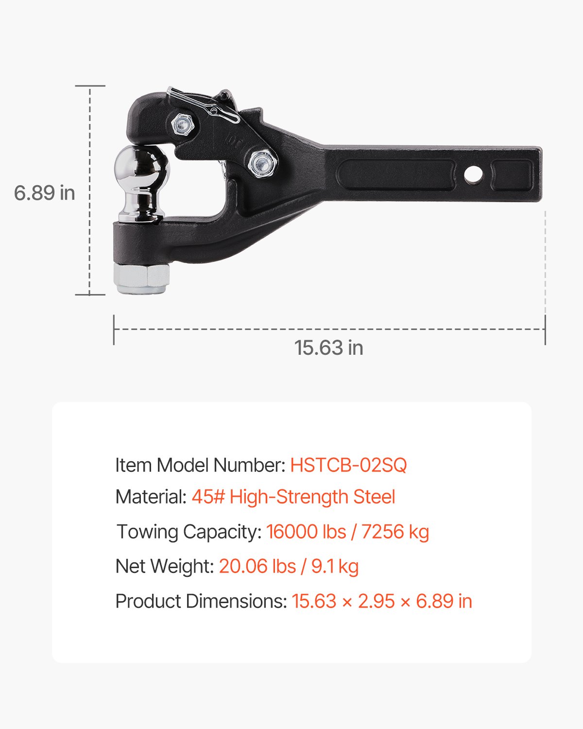 VEVOR Gancho de Remolque de 7256 kg, Gancho de Remolque de 2", Bola de Enganche Combinada de 2 pulgadas, se Adapta a Anillos de Luneta de 2,5"-3", Revestimiento de Polvo Negro, para Remolques