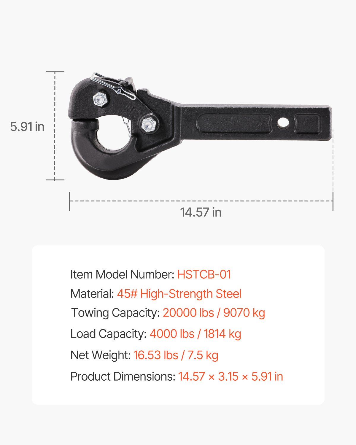VEVOR Gancho de Enganche de Pivote 37 x 8 x 15 cm, Capacidad de Remolque de 9070 kg, Compatible con Receptores de Conexión de 2", se adapta a Anillos de Luneta de 2,5"-3", para Varios Remolques, Negro
