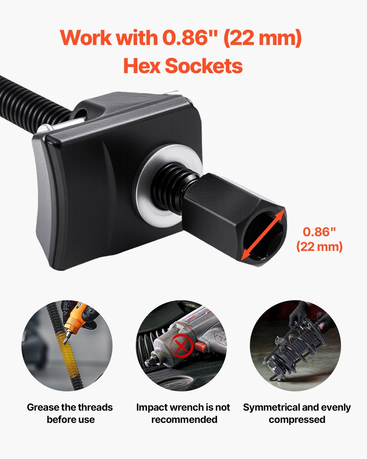 VEVOR Compresor de Resorte de Puntal 2 Piezas Herramienta Compresora de Resortes Helicoidales con Rango de 256 mm Compatible con Llaves Hexagonales de 22 mm para Autos, Camiones, Motocicletas, negro