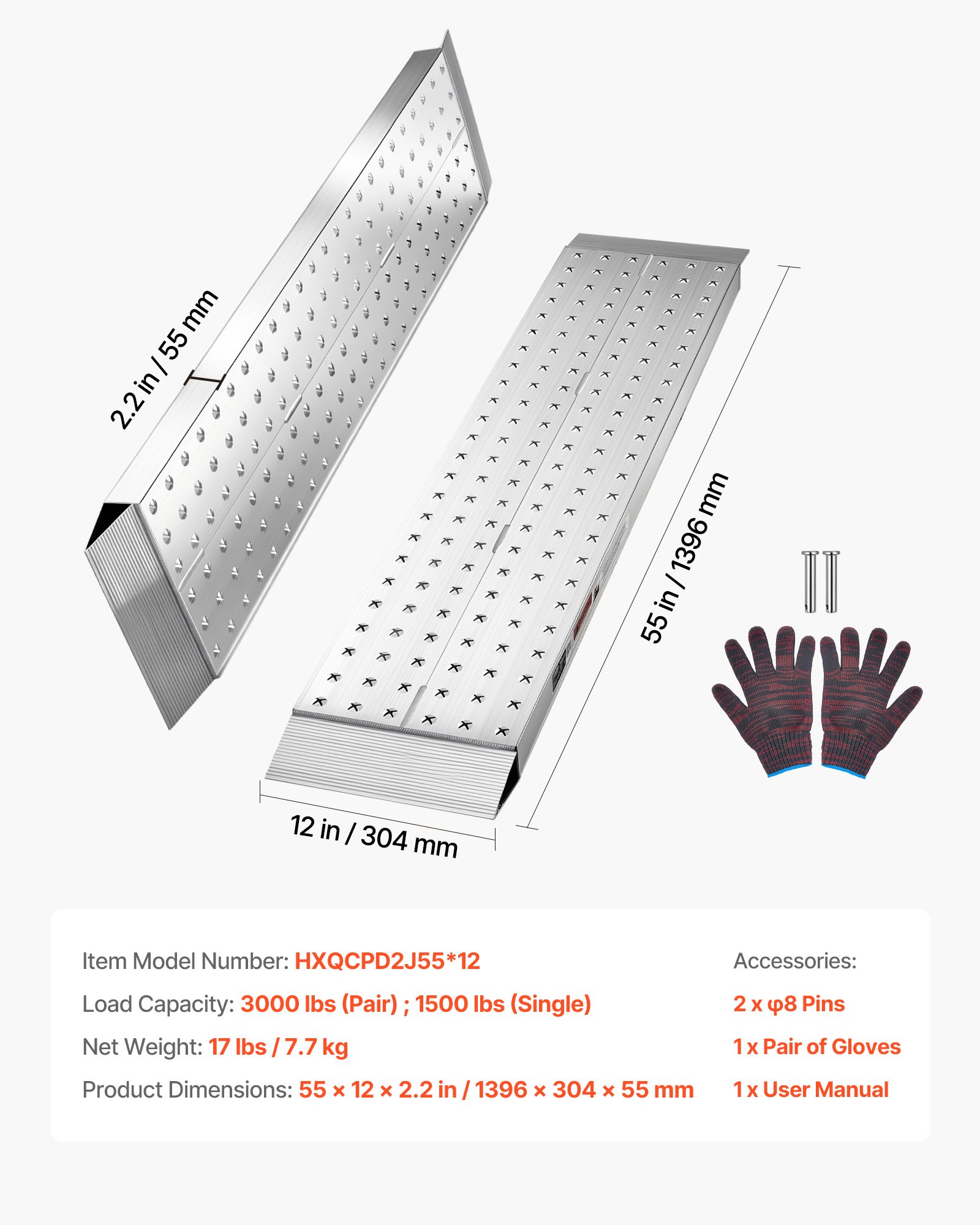 VEVOR Rampas de Carga de Aluminio para Remolques 2 Piezas, Rampas para Tractor 1396 x 304 x 55 mm, Superficie Antideslizante, Capacidad Combinada de 1360 kg, para Motocicletas, Cortadoras de Césped