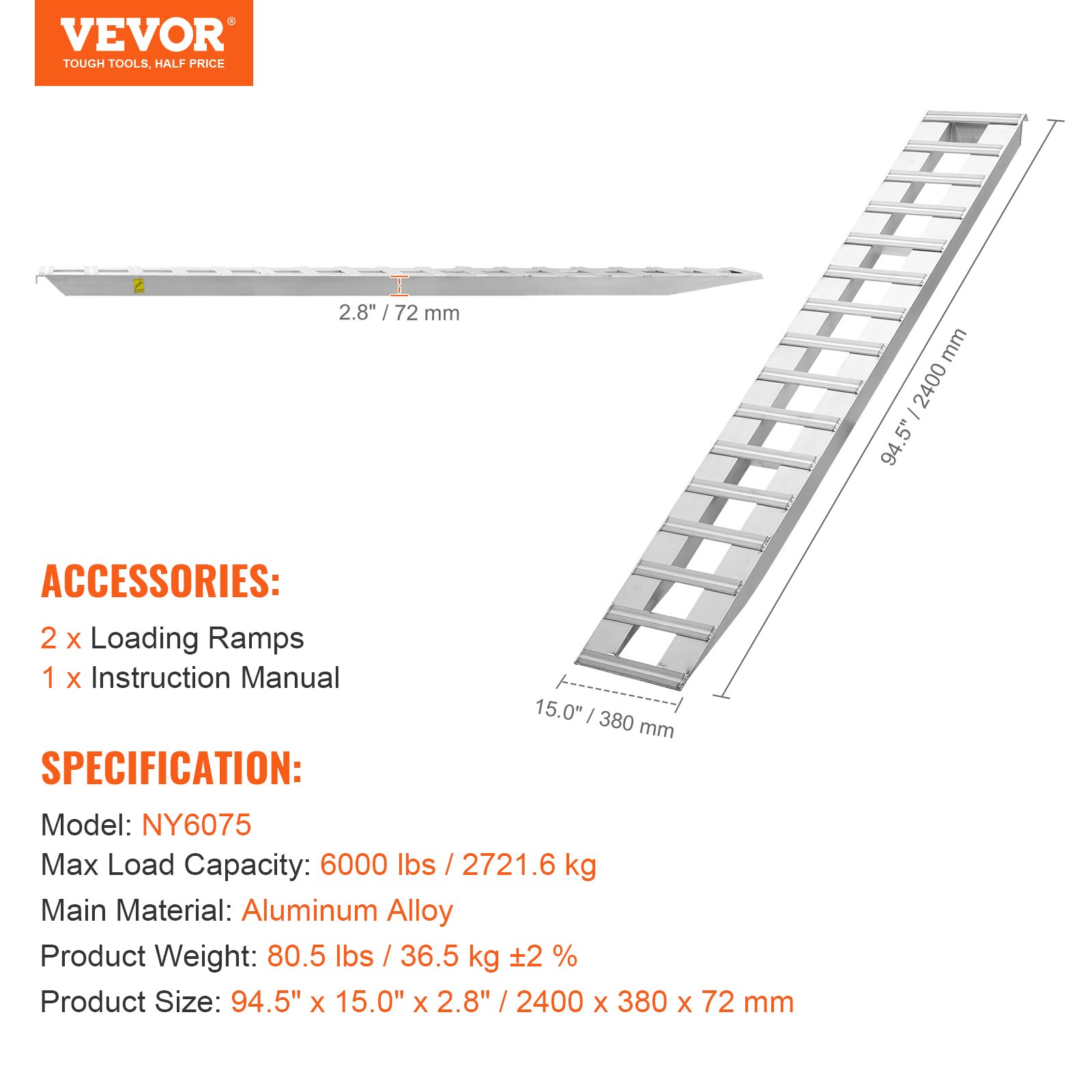 VEVOR Rampa de Carga de Aluminio 2 Piezas 240 x 38 cm Rampa de Acceso Capacidad de Carga de 2721,6 kg Ligera y Portátil para Motocicleta Todoterreno, Remolque, ATV, UTV, Tractor, Cortacésped