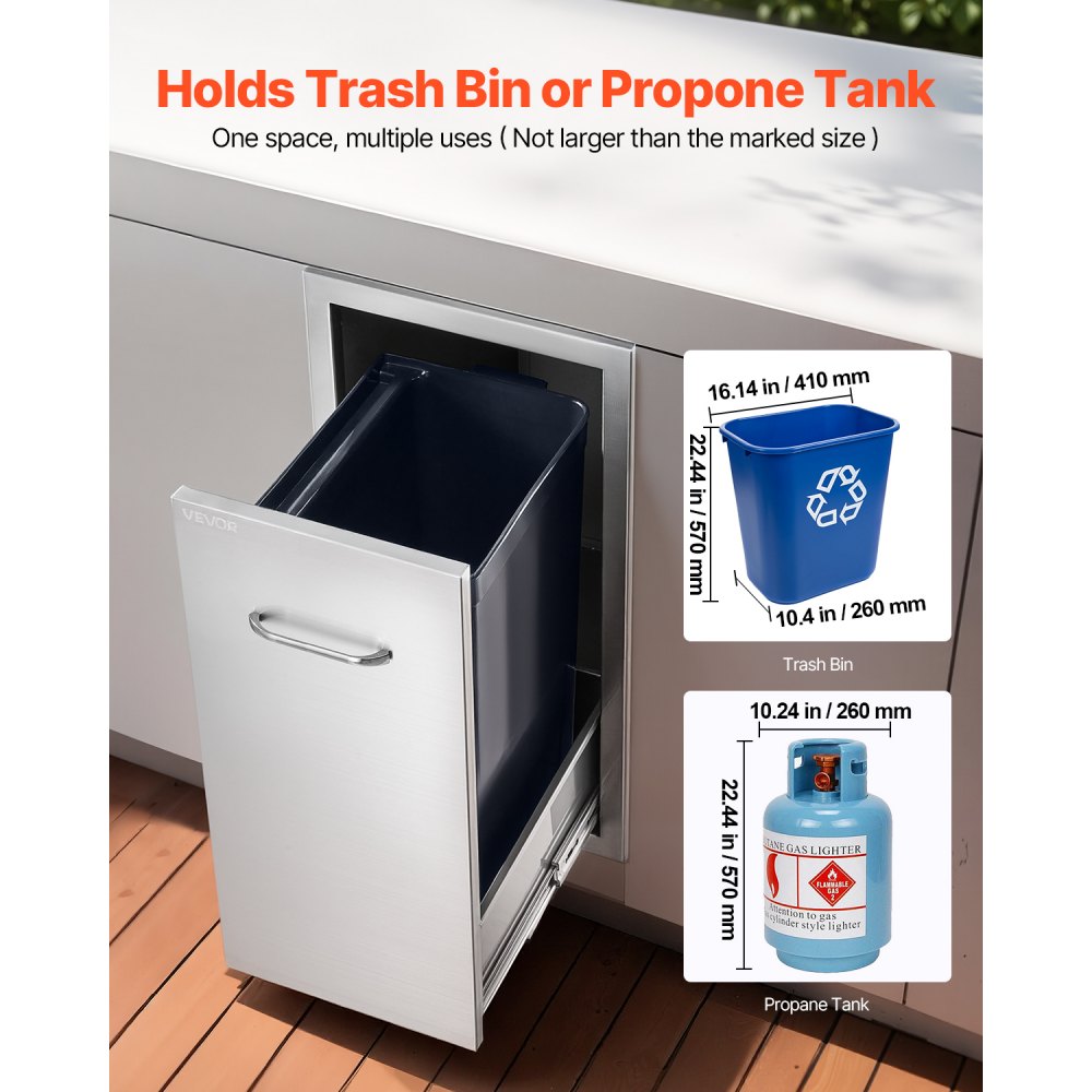 VEVOR Outdoor Kitchen Trash Drawer, 13.54"W x 19.61"D x 25.79"H Interior Storage, Multi-Purpose Outdoor Kitchen Drawers Stainless Steel, 55 lbs Max Capacity per Tier, for Outdoors BBQ Island Kitchens