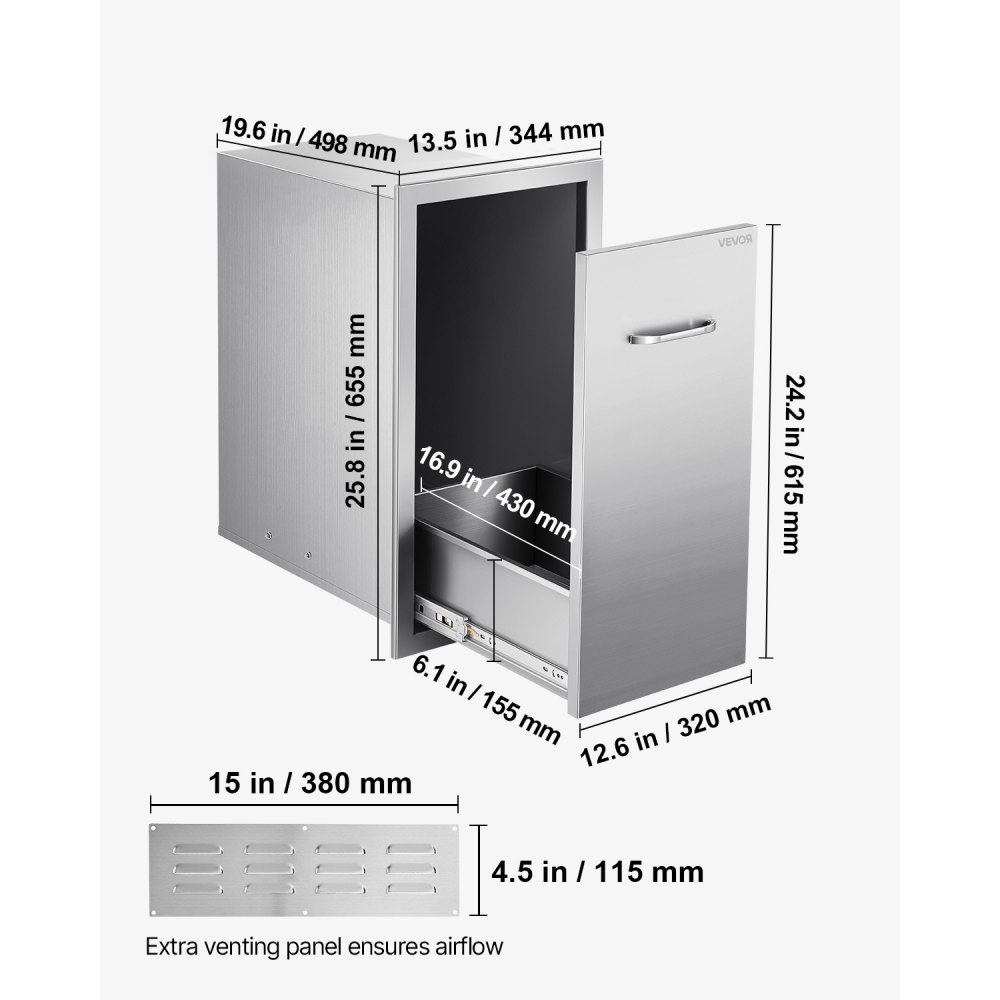 VEVOR Cajón de Basura para Cocina Exterior, Barbacoa e Islas de Cocina, 344 x 498 x 655 mm, Almacenamiento Interior, de Acero Inoxidable, para Bombonas de Gas Propano, Carga Máxima 25 kg, Plata