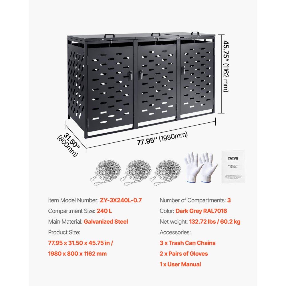 VEVOR Bin Storage Unit, 3 x 240L Bin Shed, Bin Enclosure, Lockable Bin Storage Shed, for Bins, Garden, Backyard and Terrace