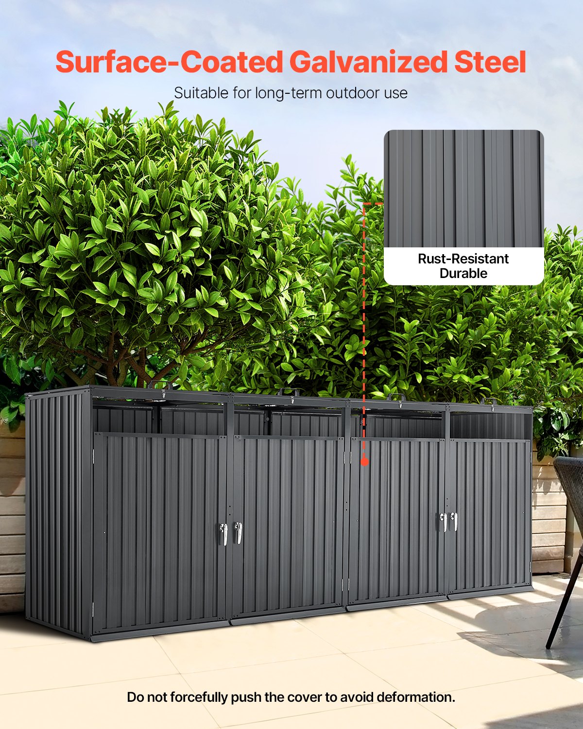 VEVOR Botes de Basura para Exteriores de 4 x 240 L, Armario de Almacenamiento Horizontal Impermeable con Tapa de Cadena, Bote de Basura con Cerradura para Jardín, Patio y Terraza, Gris Oscuro