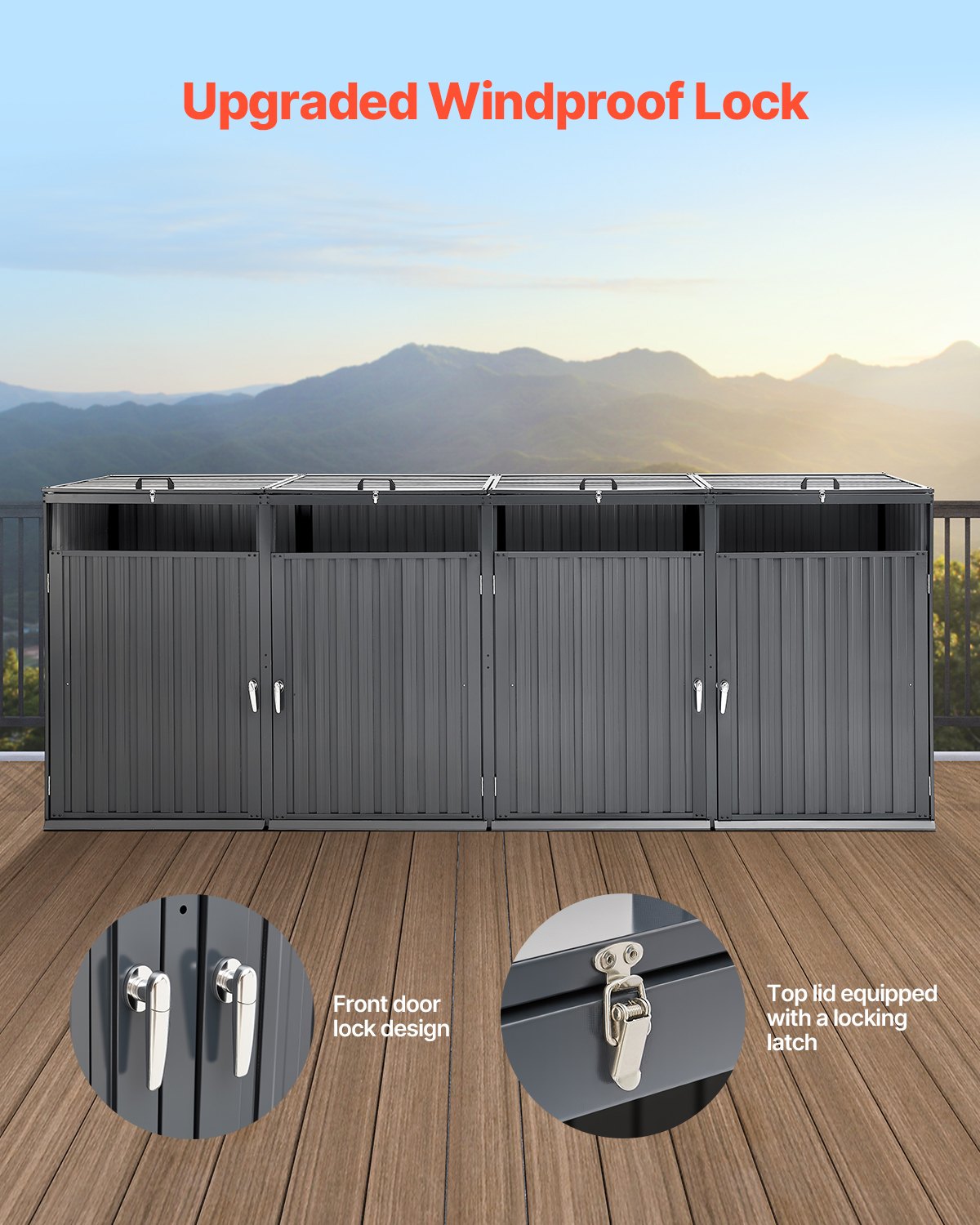 VEVOR Botes de Basura para Exteriores de 4 x 240 L, Armario de Almacenamiento Horizontal Impermeable con Tapa de Cadena, Bote de Basura con Cerradura para Jardín, Patio y Terraza, Gris Oscuro