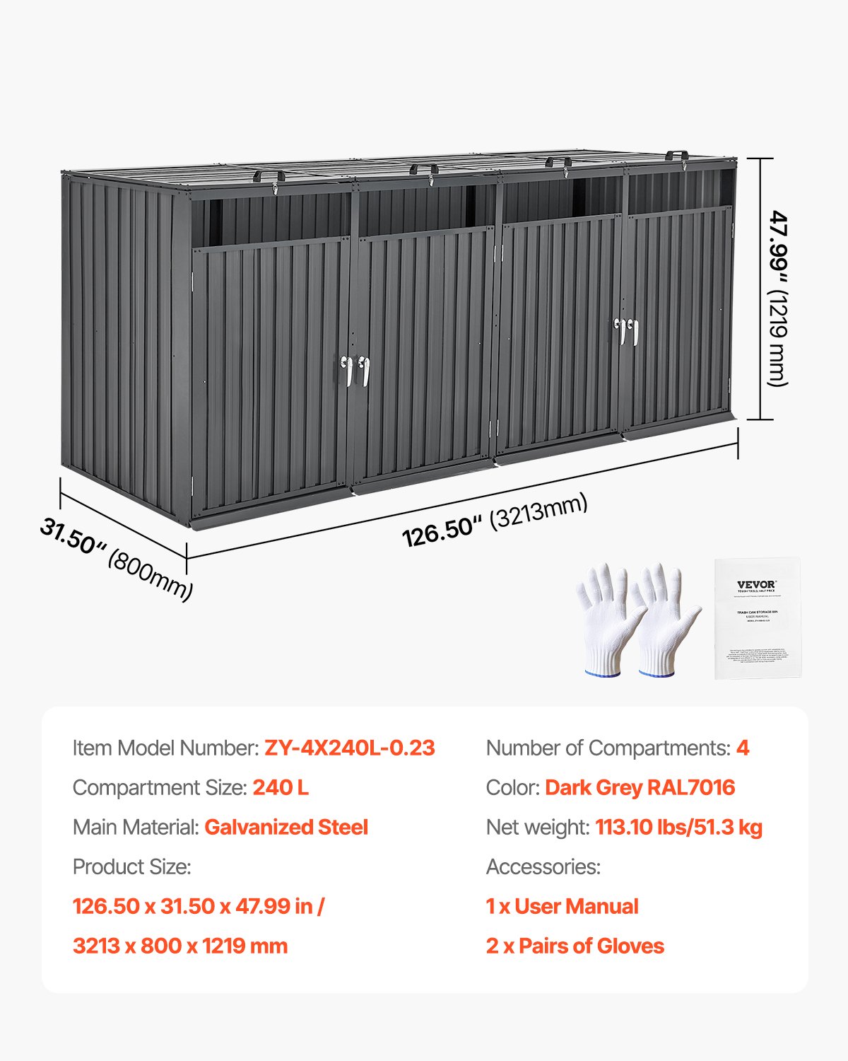 VEVOR Botes de Basura para Exteriores de 4 x 240 L, Armario de Almacenamiento Horizontal Impermeable con Tapa de Cadena, Bote de Basura con Cerradura para Jardín, Patio y Terraza, Gris Oscuro