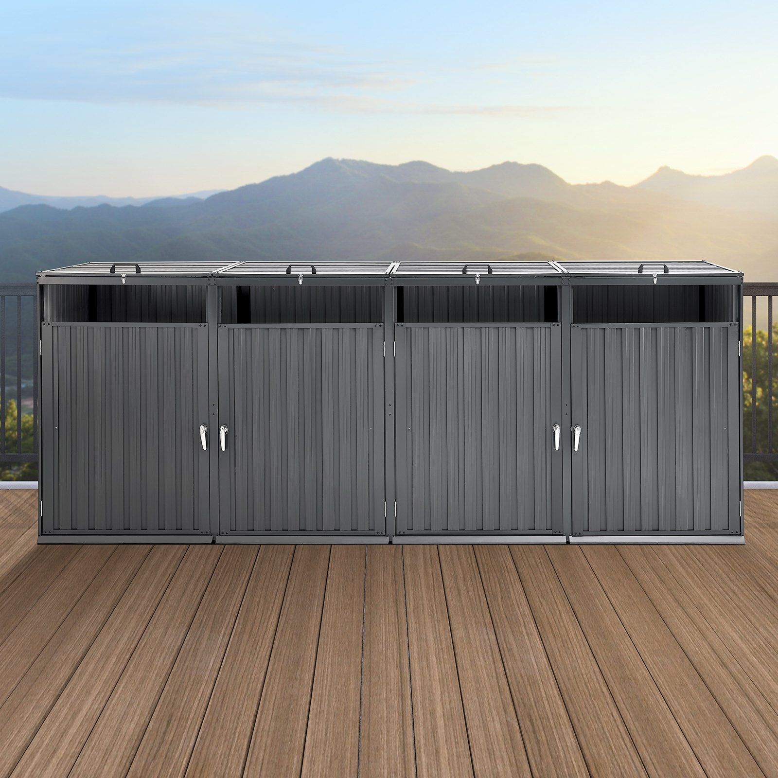 VEVOR Botes de Basura para Exteriores de 4 x 240 L, Armario de Almacenamiento Horizontal Impermeable con Tapa de Cadena, Bote de Basura con Cerradura para Jardín, Patio y Terraza, Gris Oscuro