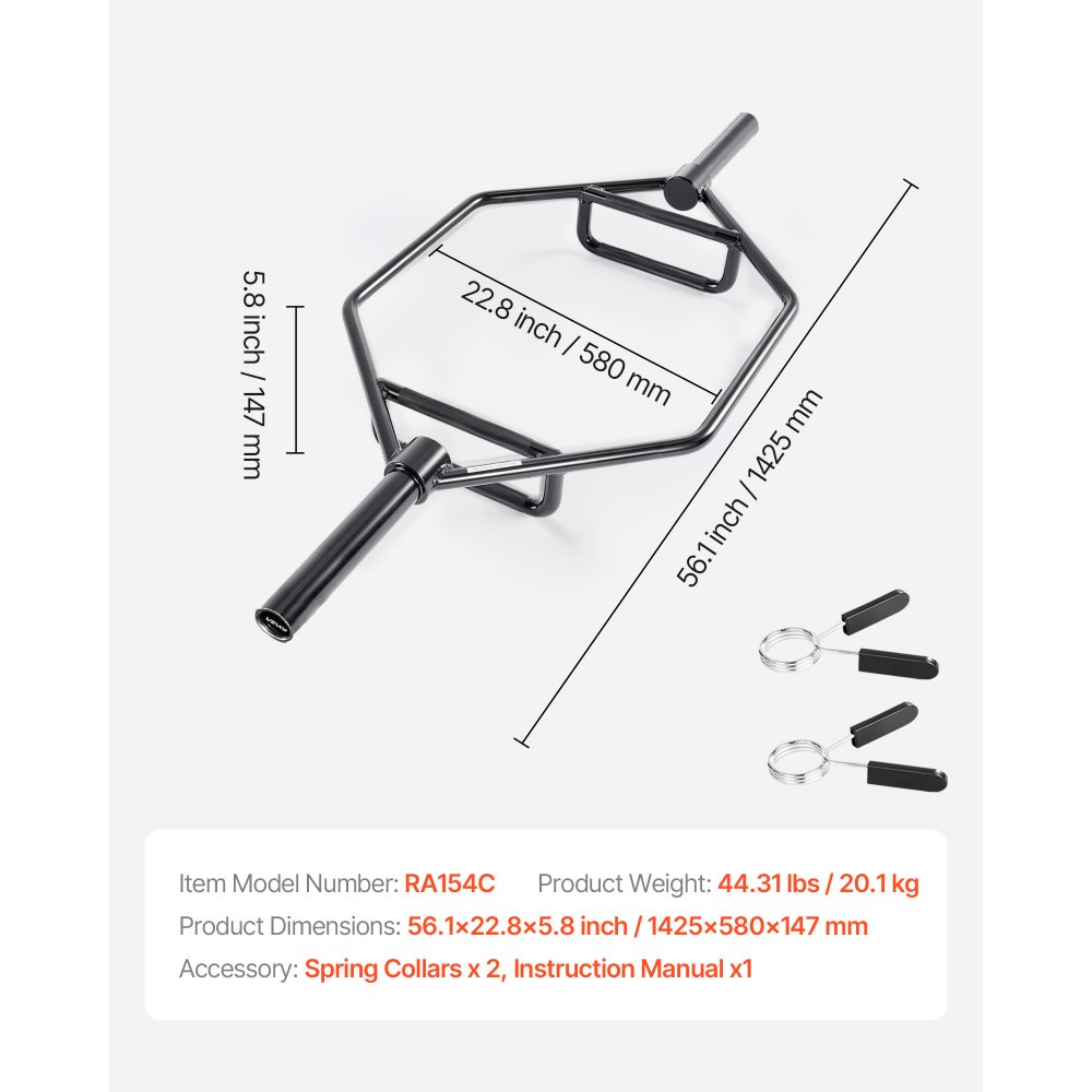 VEVOR Barra Hexagonal, Capacidad de 360 kg, Barras para Encogimientos de Hombros con Agarres Moleteados, Equipo de Levantamiento de Pesas y Entrenamiento de Fuerza, Negro, 1425 x 580 x 147 mm
