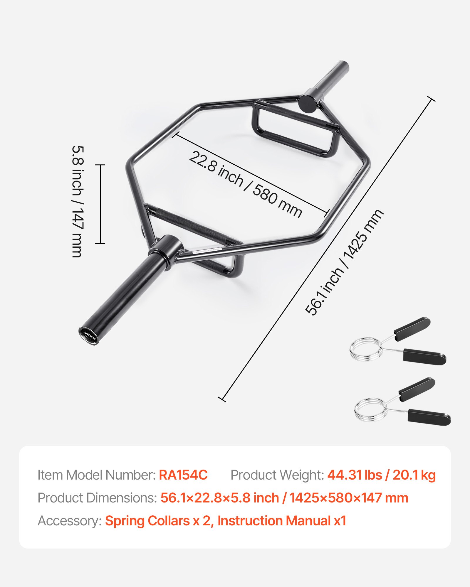 VEVOR Barra Hexagonal, Capacidad de 360 kg, Barras para Encogimientos de Hombros con Agarres Moleteados, Equipo de Levantamiento de Pesas y Entrenamiento de Fuerza, Negro, 1425 x 580 x 147 mm