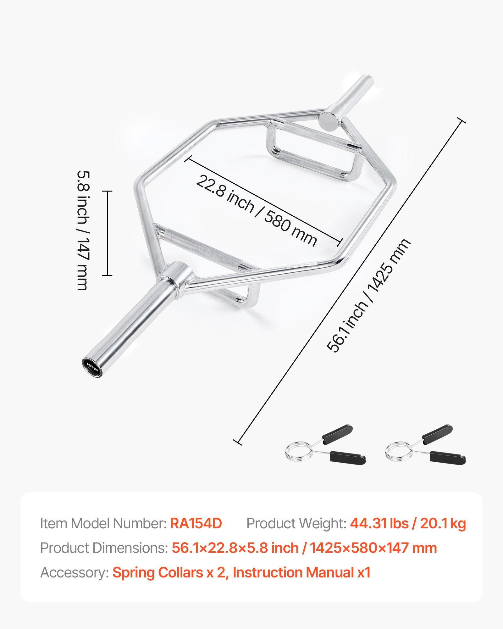 VEVOR Barra Hexagonal, Capacidad de 360 kg, Barras para Encogimientos de Hombros con Agarres Moleteados, Equipo de Levantamiento de Pesas y Entrenamiento de Fuerza, 1425 x 580 x 147 mm, Plata