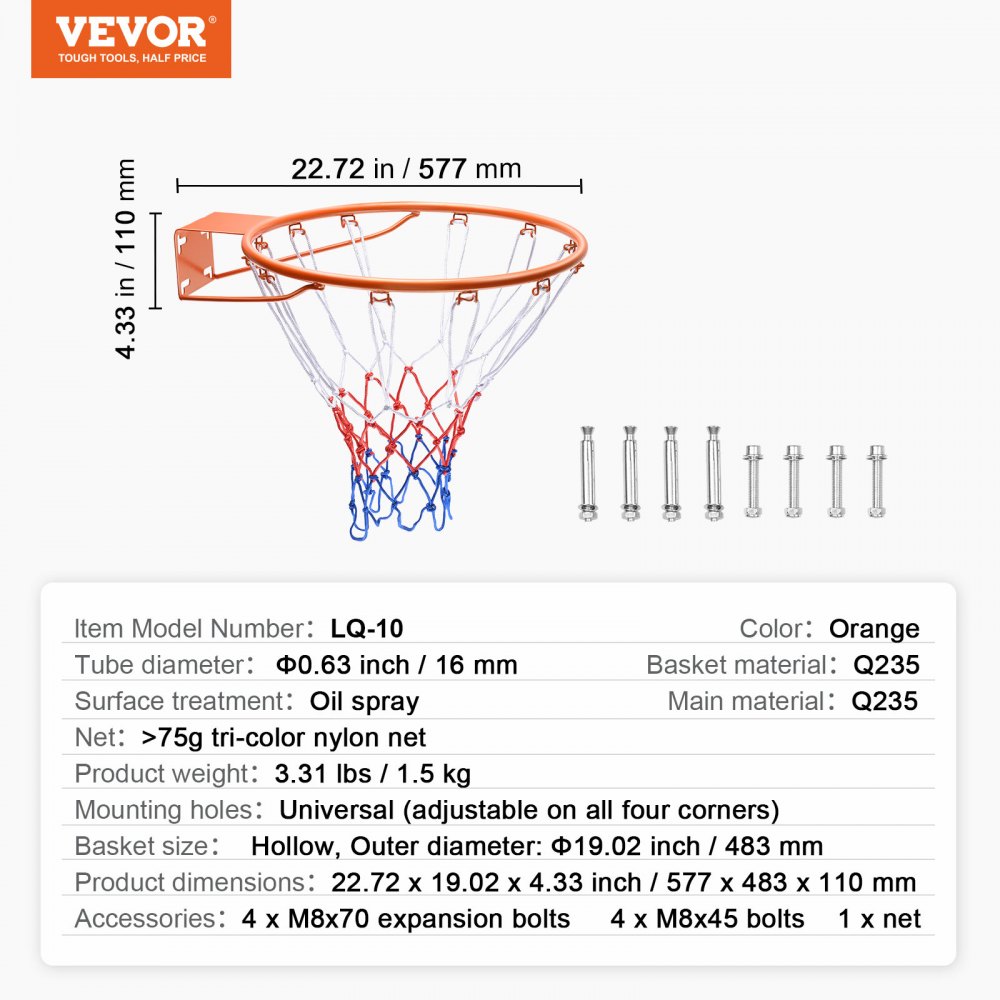 VEVOR Aro de Baloncesto Diámetro Exterior 483mm Canasta de Baloncesto de Acero al Carbono con Red Pieza de Repuesto de Portería de Baloncesto Montada en Pared para Entrenamiento de Baloncesto, Naranja