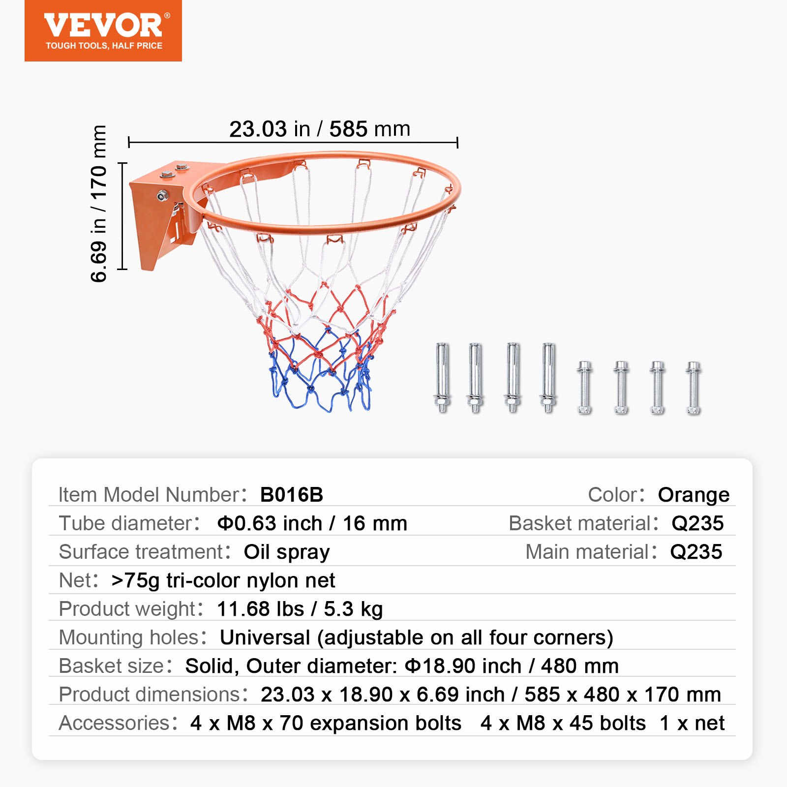 VEVOR Basketball Rim, Wall Door Mounted Basketball Hoop, Heavy Duty Q235 Basketball Flex Rim Goal Set with Net, Standard 18-Inch Hanging Basketball Hoop for Indoor and Outdoor Use for Kids and Adults