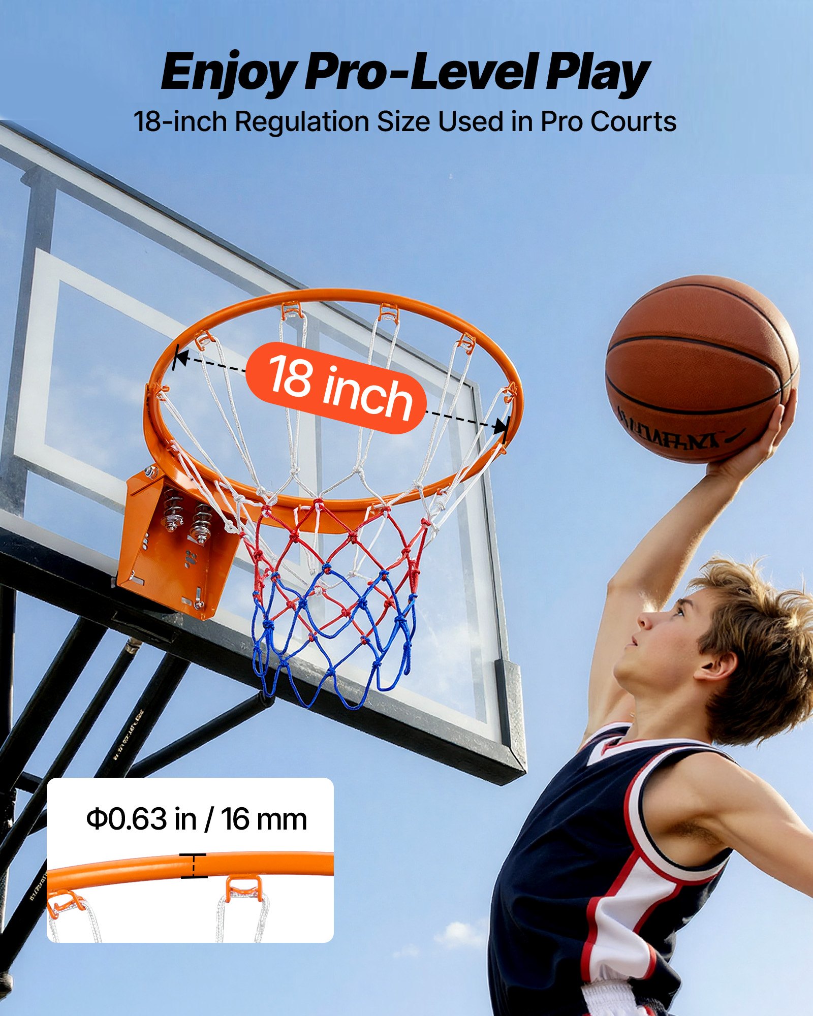 VEVOR Aro de Baloncesto Diámetro Exterior 480mm Canasta de Baloncesto de Acero al Carbono con Red Pieza de Repuesto de Portería de Baloncesto Montada en Pared para Entrenamiento de Baloncesto, Naranja