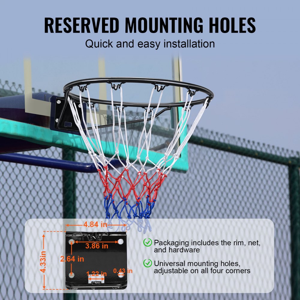 Aro de baloncesto VEVOR con red roja, blanca y azul, con fácil instalación y orificios de montaje universales.