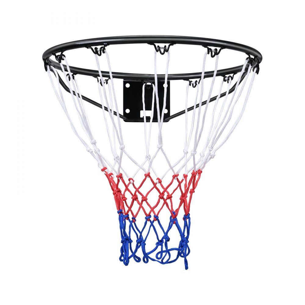 Aro de baloncesto VEVOR con red roja, blanca y azul unida a un aro de metal negro.
