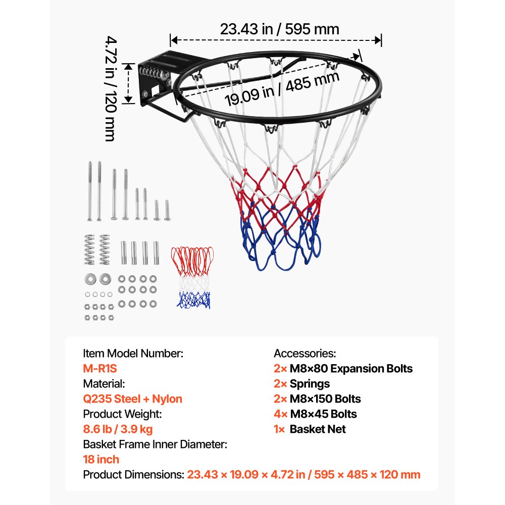 VEVOR Aro de Baloncesto Diámetro Exterior 483 mm Canasta de Baloncesto de Acero al Carbono con Red Pieza de Repuesto de Portería de Baloncesto Montada en Pared para Entrenamiento de Baloncesto, Negro
